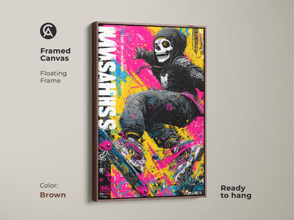 Framed canvas art with a skull skateboarder image. The brown floating frame complements the artwork's urban aesthetic. Arrives ready to hang making it a hassle-free decor choice. The artwork's dynamic design adds energy to any space. It is a perfect focal point for your walls.