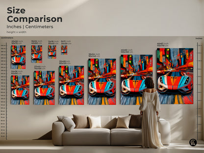 Size comparison of abstract supercar art prints in inches and centimeters. See how different sizes fit above a sofa. Visualize museum-quality art in various dimensions from 20x30 cm to 45x67 inches. Perfect for selecting the ideal automotive art for your living room or office wall.