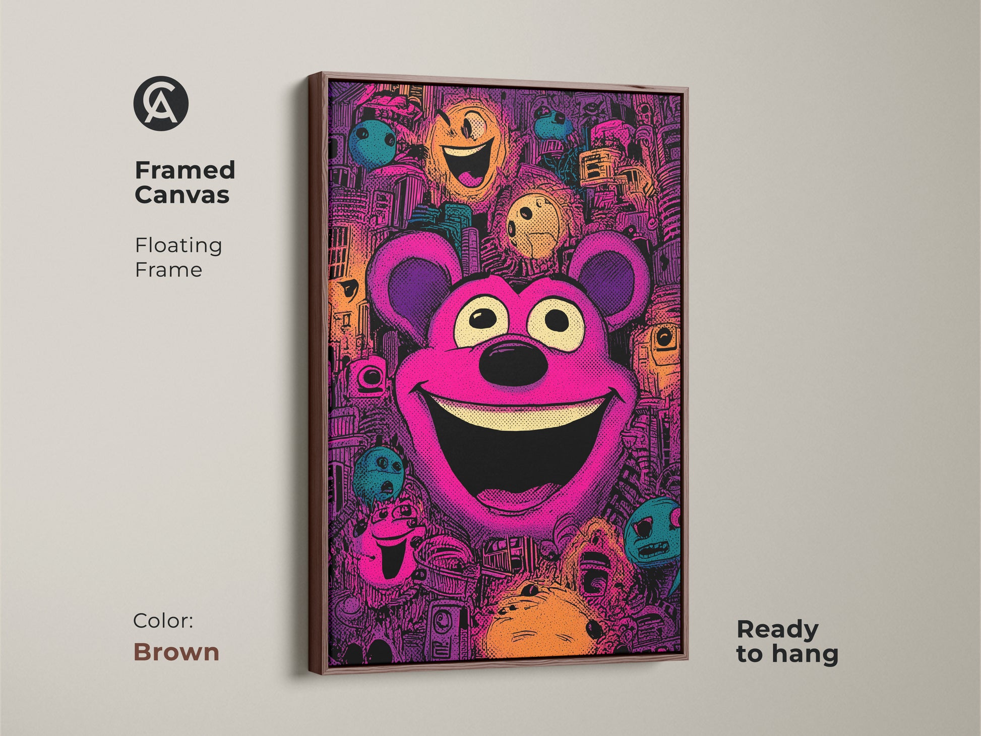 Framed canvas art print featuring a cheerful teddy bear in a pop art style. The brown floating frame enhances the artwork. This colorful framed art is ready to hang bringing a playful vibe to your wall decor.