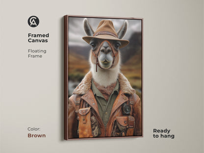 Enhance your space with this rustic explorer llama on a framed canvas. The floating frame highlights the earthy tones canvas. This ready-to-hang unique animal art features a brown frame. Perfect as lodge style home decor or a travel inspired art piece.