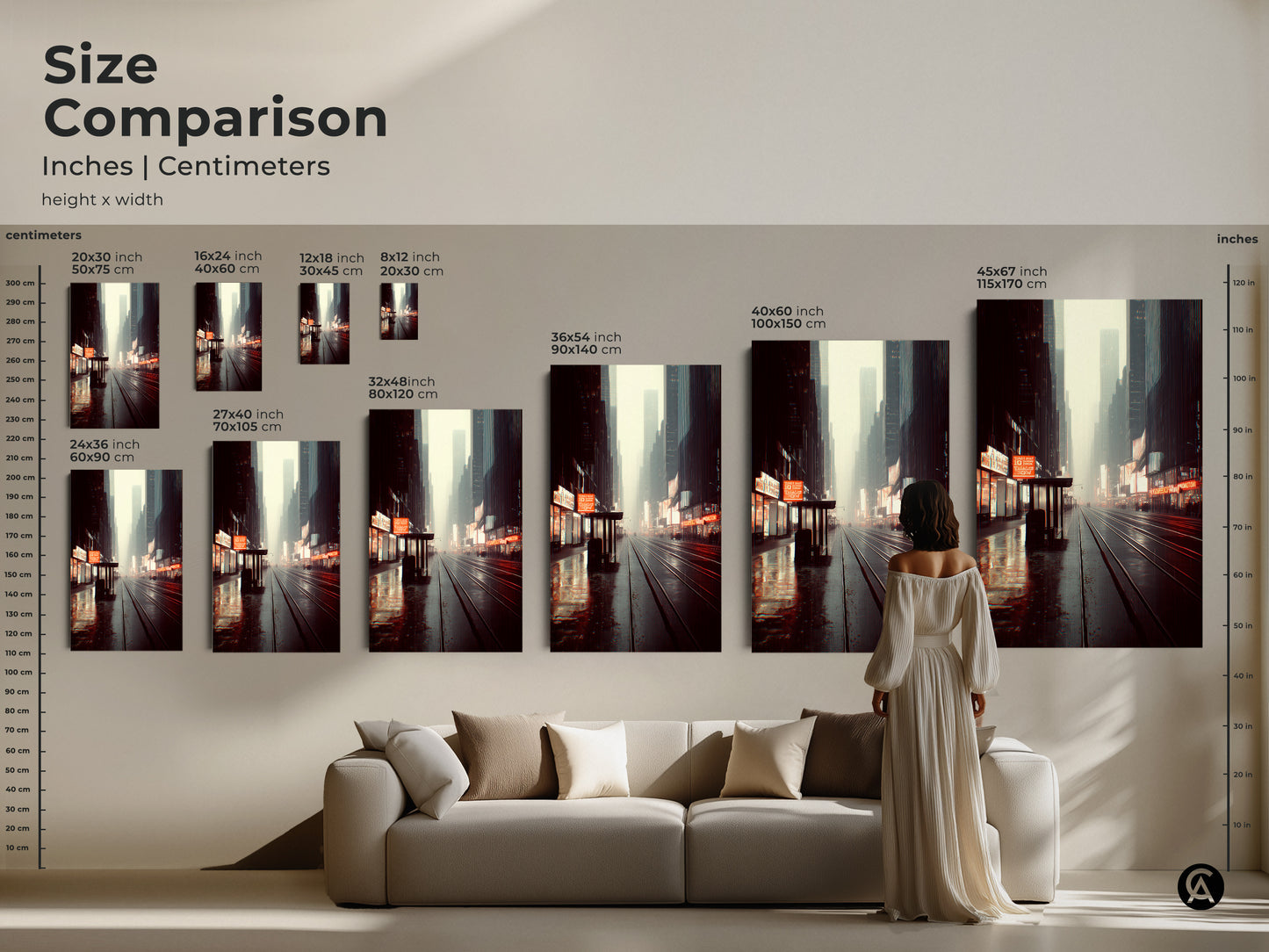 Size comparison of urban cityscape art in inches and centimeters. Visualize how different sizes of city night street canvas art fit above a sofa. Perfect for planning your industrial home decor.