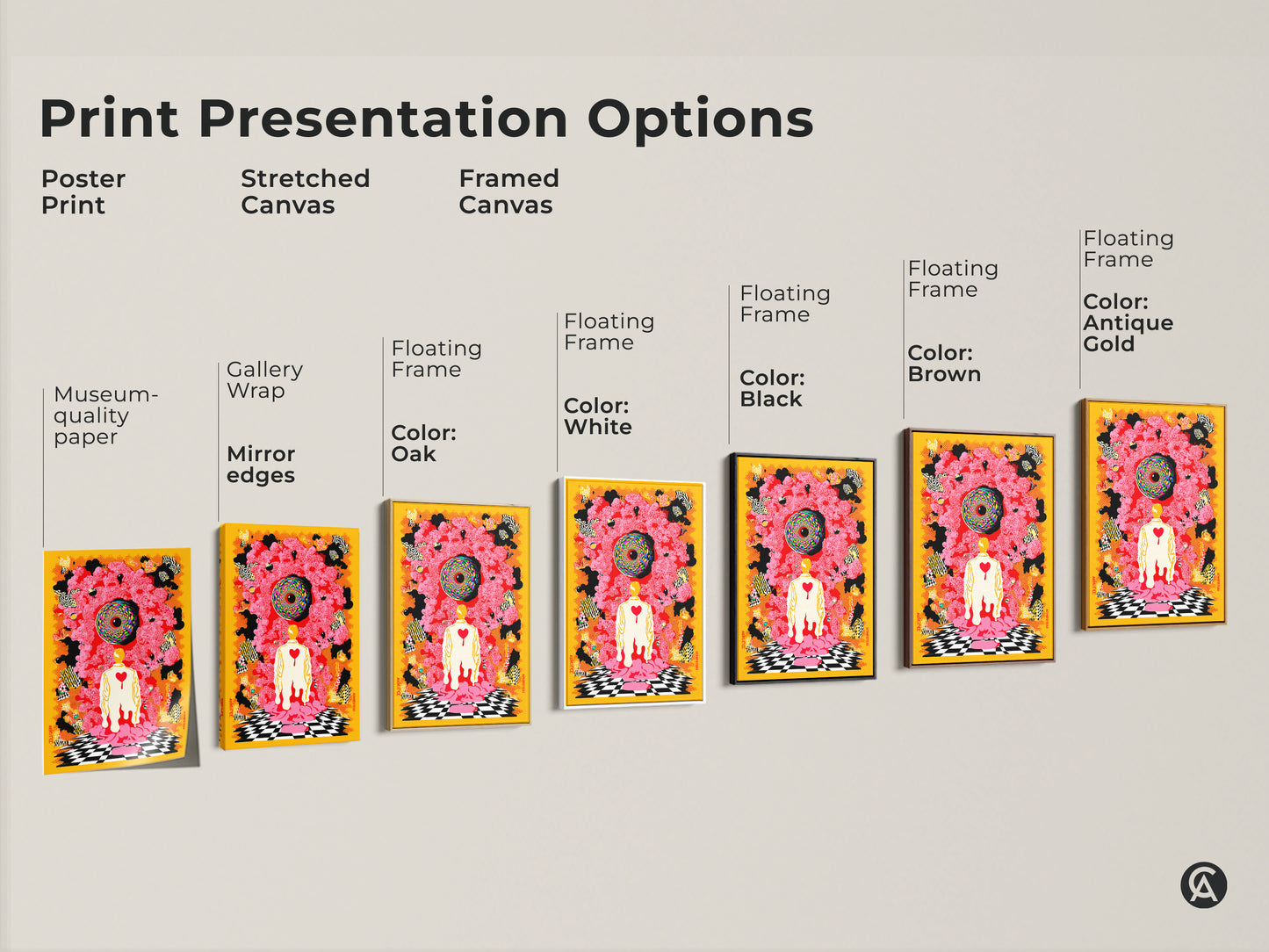 Explore print presentation options for the eclectic abstract artwork. This psychedelic canvas includes poster prints stretched canvas and framed versions. Find the perfect yellow red black surrealist art for your space.