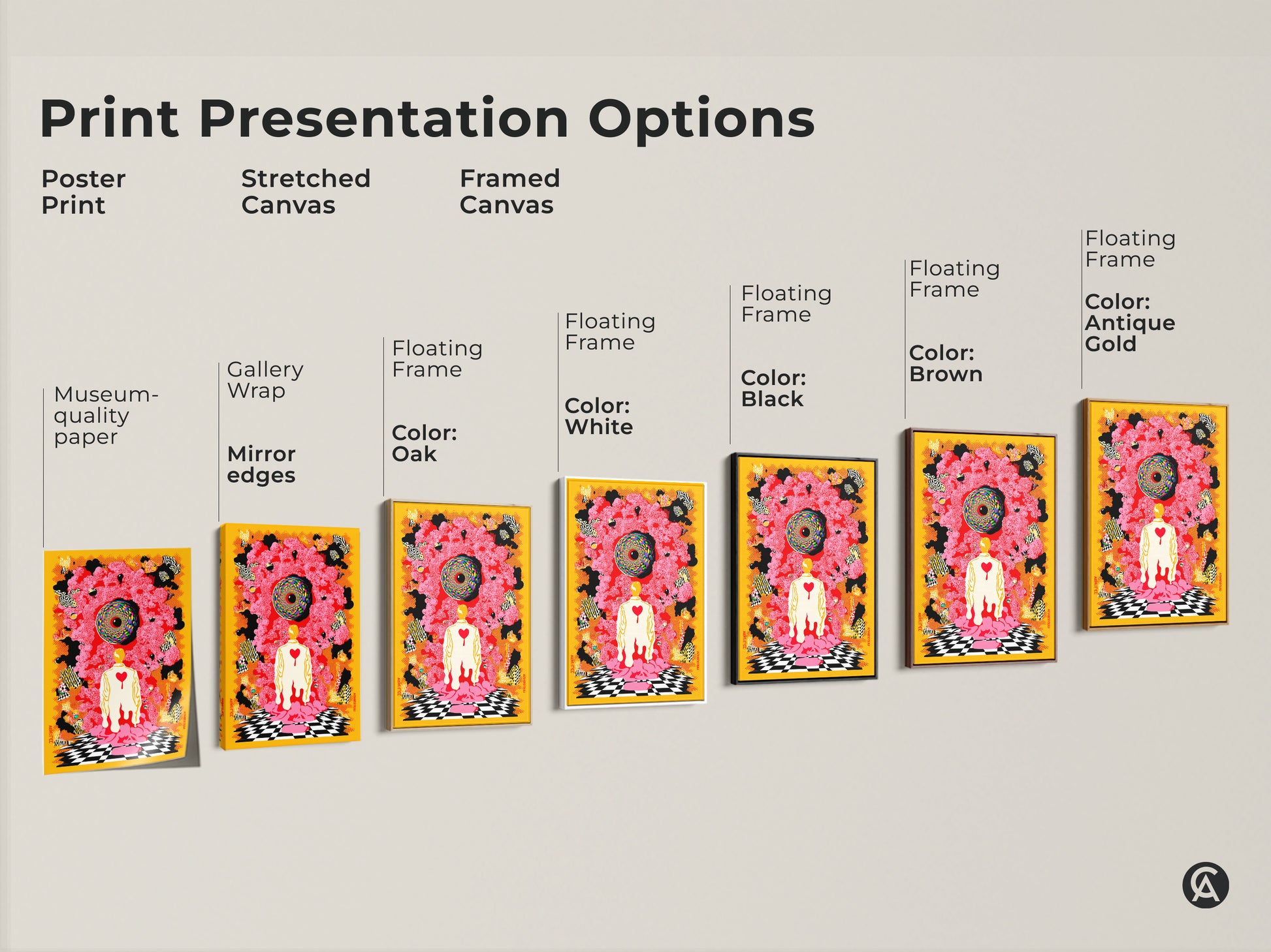 Explore print presentation options for the eclectic abstract artwork. This psychedelic canvas includes poster prints stretched canvas and framed versions. Find the perfect yellow red black surrealist art for your space.