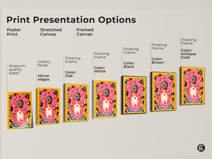 Explore print presentation options for the eclectic abstract artwork. This psychedelic canvas includes poster prints stretched canvas and framed versions. Find the perfect yellow red black surrealist art for your space.
