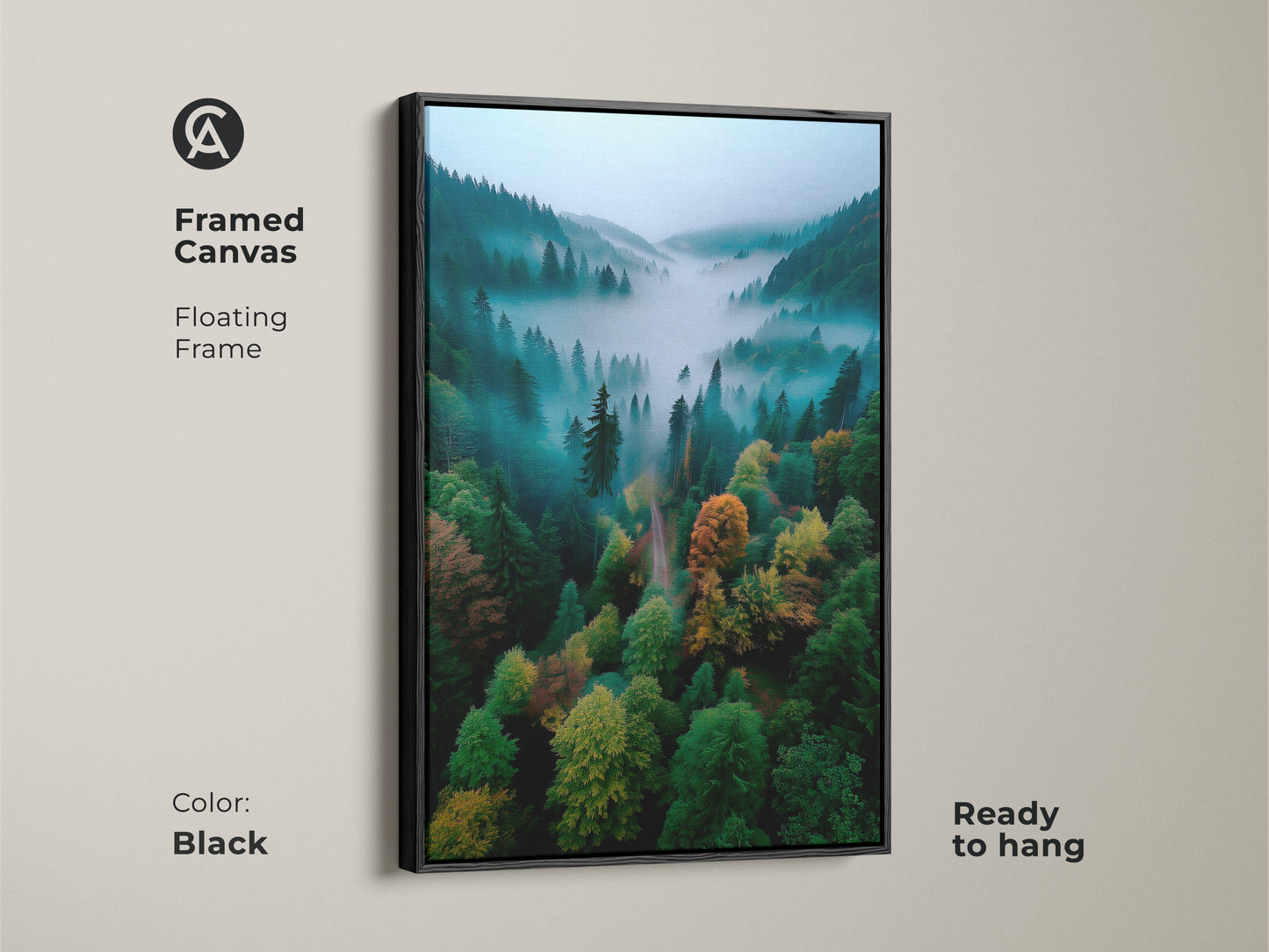 Framed canvas art displaying a misty forest valley. The black floating frame adds a touch of modern elegance. This artwork is ready to hang. It will bring the beauty of nature into your home. Perfect wall decor for any room.
