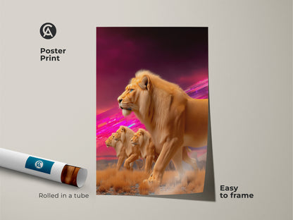Poster Print featuring a Lion Pride. This wildlife animal artwork is rolled in a tube for easy framing. Displaying a fantasy savanna landscape this big cat art brings a touch of the wild indoors. Perfect for cat and animal lovers