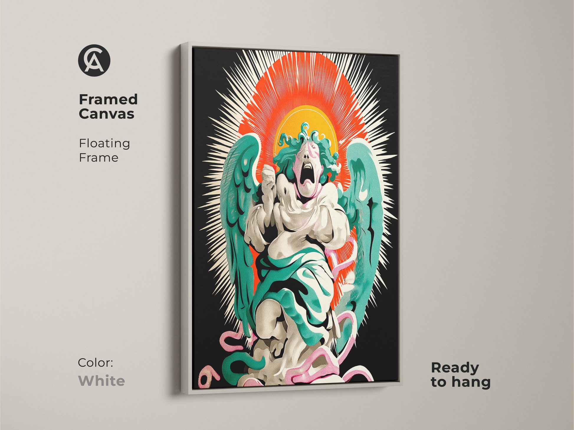 Explore presentation options for our screaming angel print. Choose from poster print stretched canvas or framed canvas. Each museum-quality option features gallery wrap or floating frame. Color options include oak white black brown and antique gold. Customize your surreal artwork today.