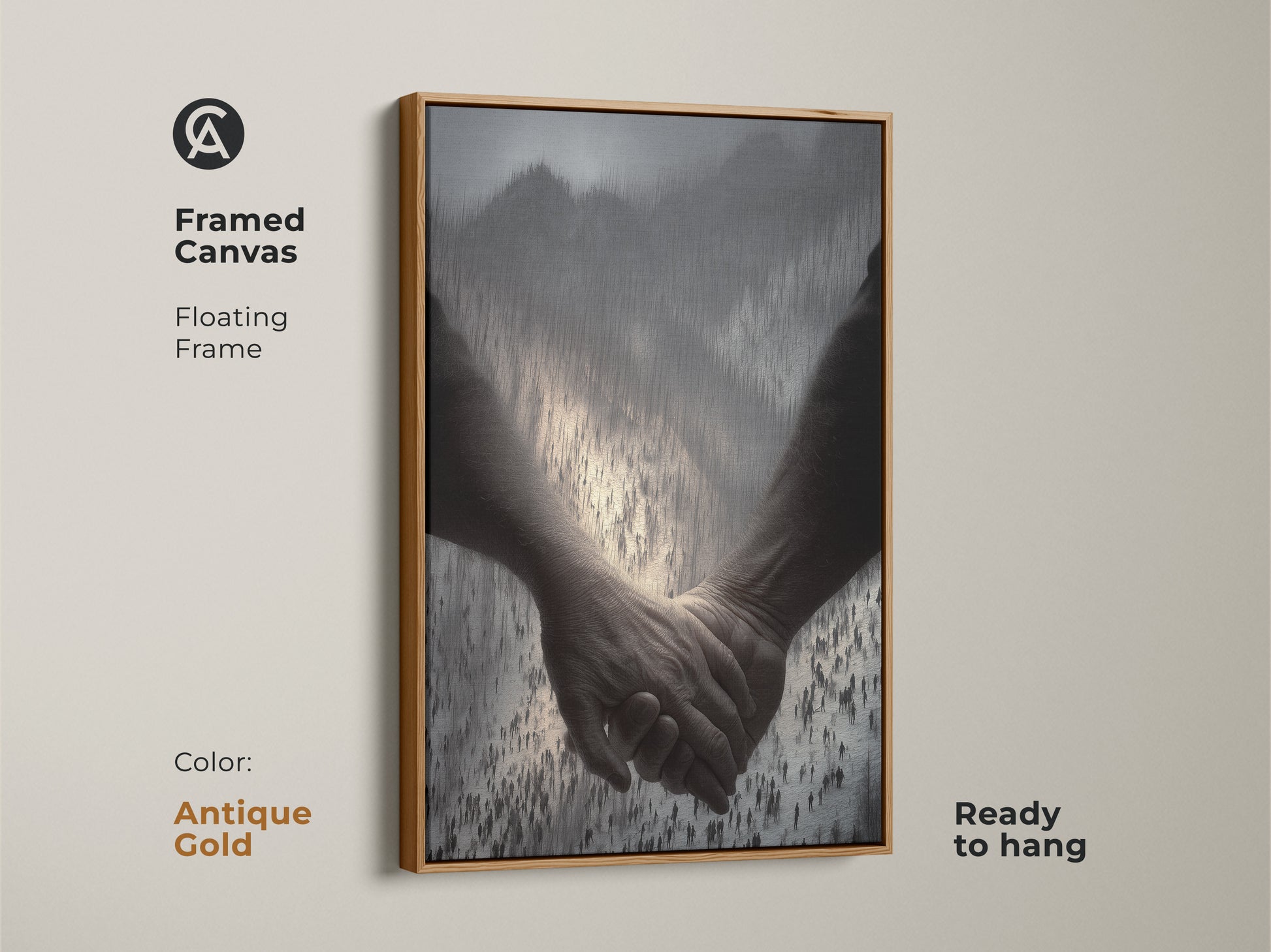 Framed canvas in antique gold displaying a monochrome couple holding hands. This contemporary artwork is set against an abstract background. It serves as symbolic wall art for a bedroom or living space. The floating frame is ready to hang as a unique anniversary gift.
