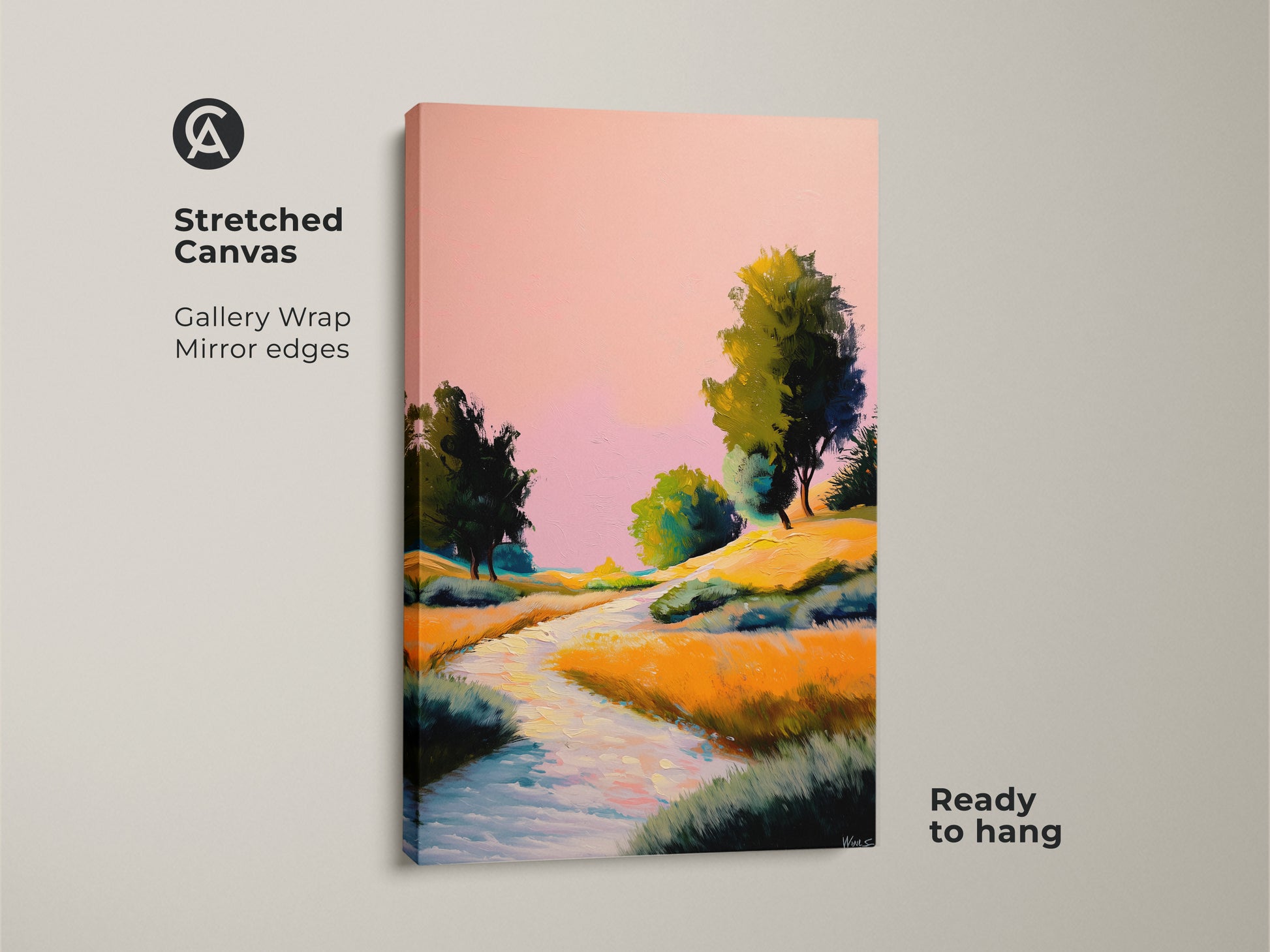 Stretched canvas of a boho river trees artwork with gallery wrap and mirror edges. This impressionistic landscape art in pink yellow and orange is ready to hang. Perfect nature lovers housewarming gift.