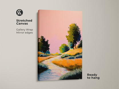 Stretched canvas of a boho river trees artwork with gallery wrap and mirror edges. This impressionistic landscape art in pink yellow and orange is ready to hang. Perfect nature lovers housewarming gift.