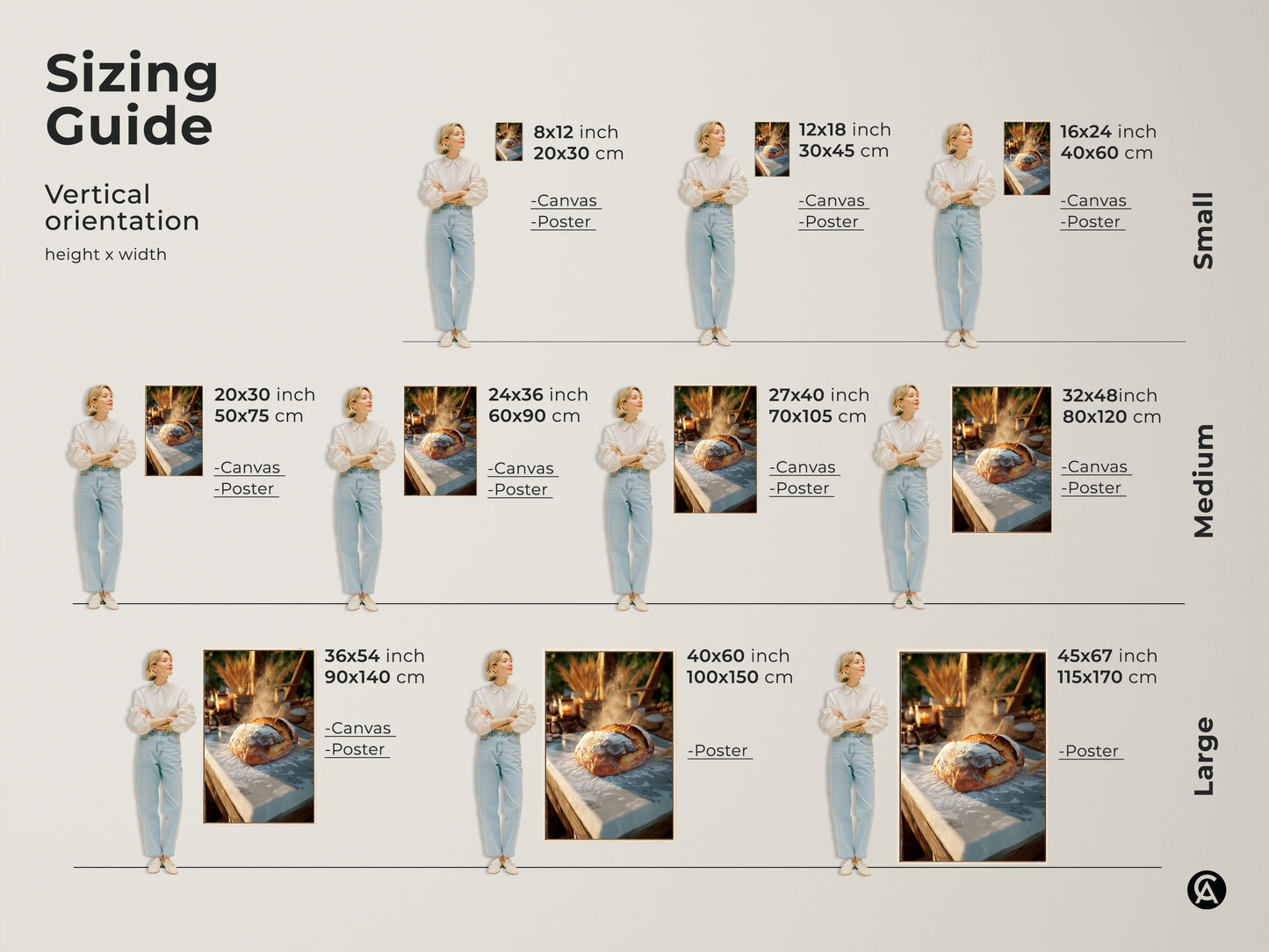 Sizing guide for vertical artisan bread artwork. Find the perfect fit for your space with sizes from 8x12 to 45x67 inches. Available as canvas or poster prints. Visualize how this golden brown and cream art enhances your kitchen or dining area. Ideal farmhouse style gift.