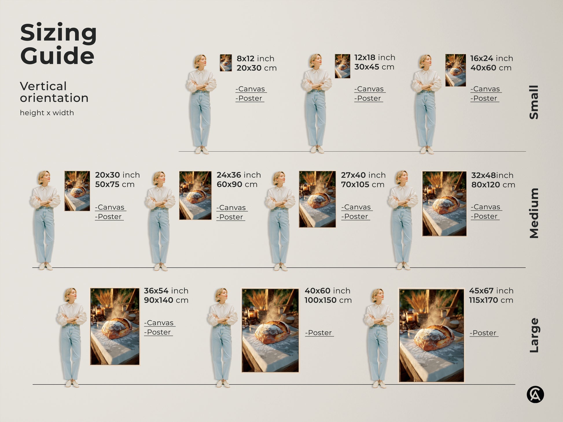 Sizing guide for vertical artisan bread artwork. Find the perfect fit for your space with sizes from 8x12 to 45x67 inches. Available as canvas or poster prints. Visualize how this golden brown and cream art enhances your kitchen or dining area. Ideal farmhouse style gift.