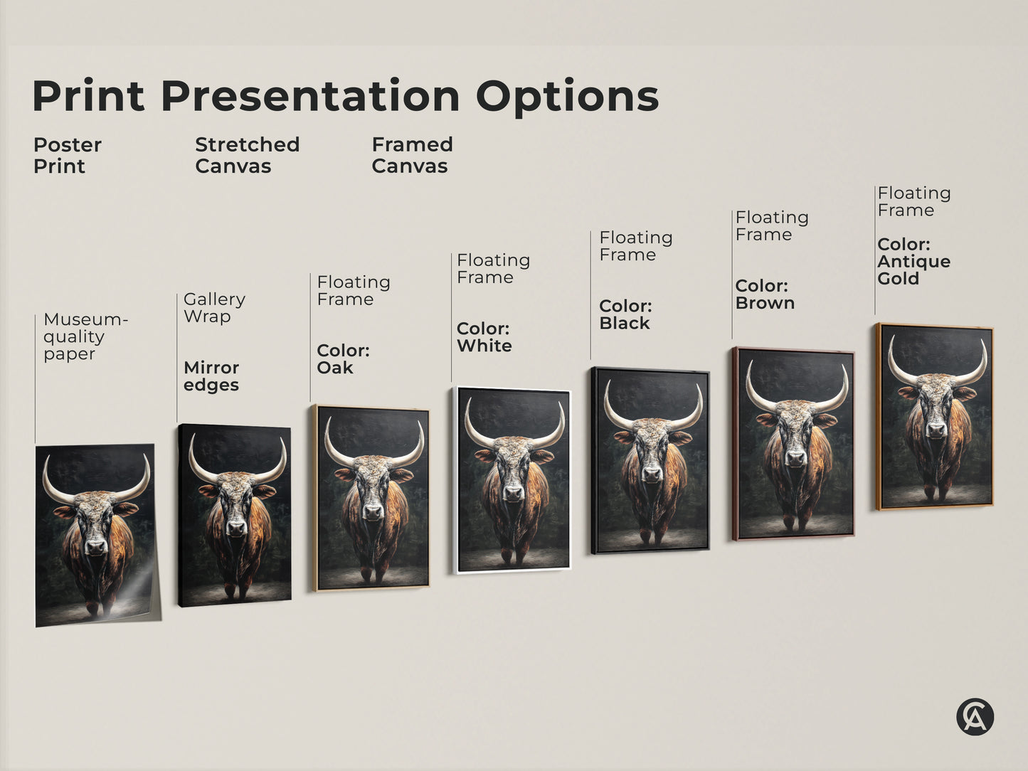 Explore print presentation options with this rustic bull art. See poster prints stretched canvases and framed canvases. Floating frames come in black brown oak and white. Perfect for farmhouse wall decor this animal wall art is versatile. Find the ideal bull canvas art for your space.