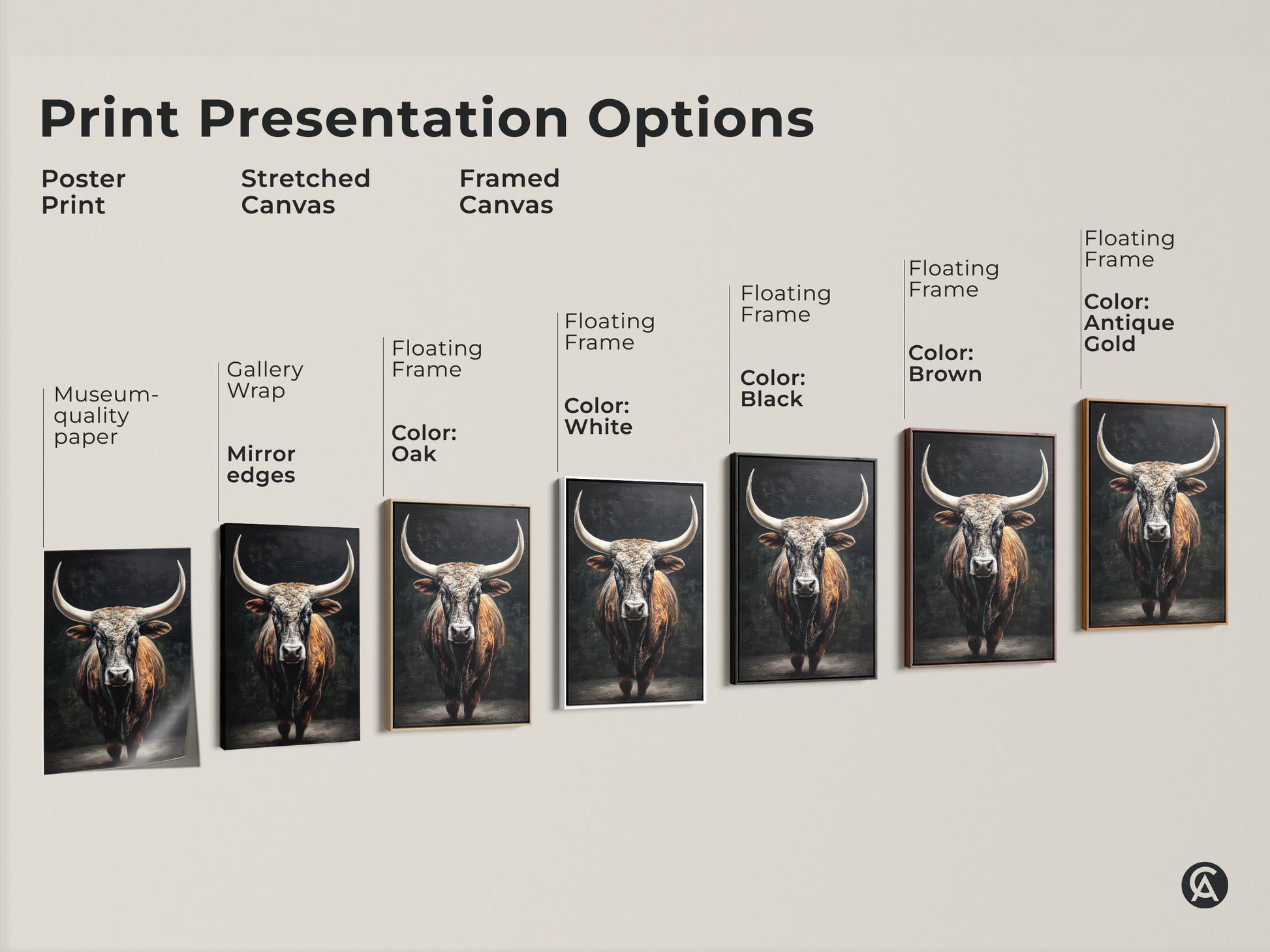 Explore print presentation options with this rustic bull art. See poster prints stretched canvases and framed canvases. Floating frames come in black brown oak and white. Perfect for farmhouse wall decor this animal wall art is versatile. Find the ideal bull canvas art for your space.
