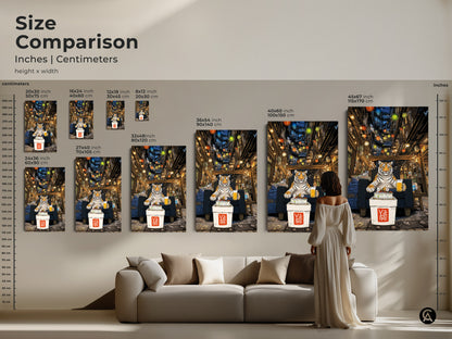 Size comparison for tiger birthday artwork. View inches and centimeters. See how different sizes fit in a living room. Various canvas and poster options are shown. Find the perfect scale for your eclectic home decor. Make a statement with animal-themed art.