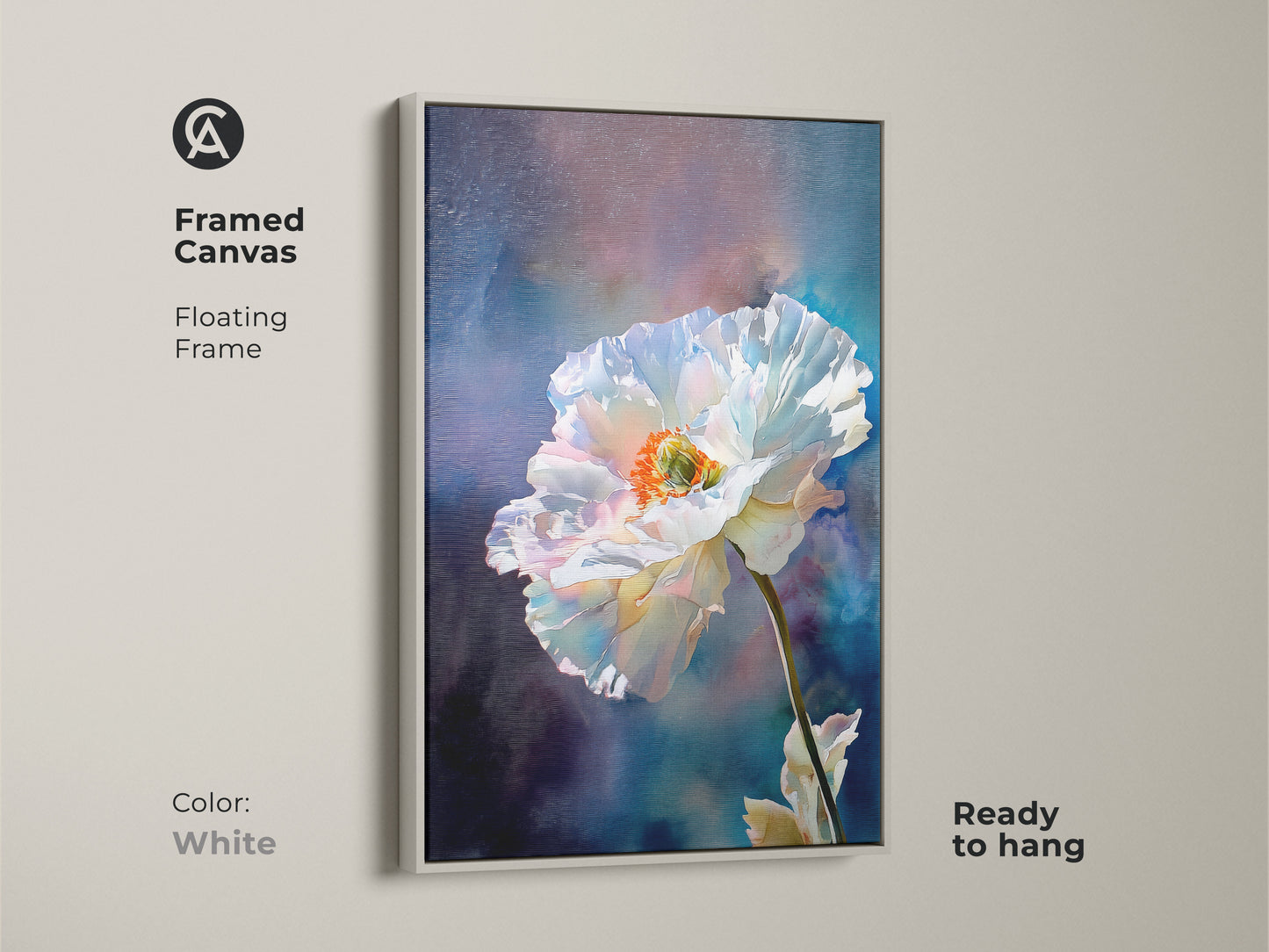 Framed White Poppy Canvas Art in a white floating frame. The botanical floral wall art showcases an impressionistic flower print. This abstract nature artwork is ready to hang. Elevate your home with this contemporary piece.