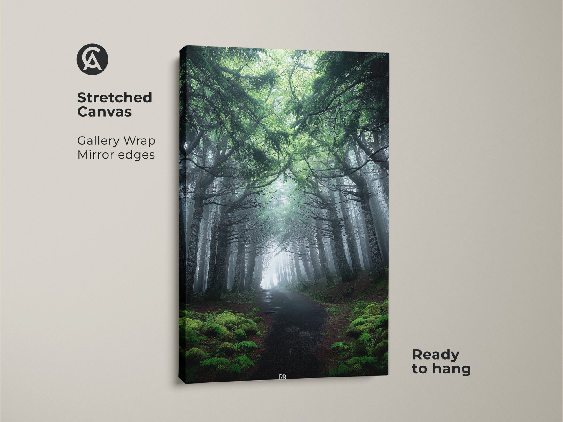 Stretched canvas art shows a misty forest path. Emerald green pine trees create a rustic woodland scene. Ready to hang this gallery-wrapped artwork enhances any room. This nature landscape artwork is a perfect housewarming gift. The deep green forest scene brings the tranquility of nature indoors.