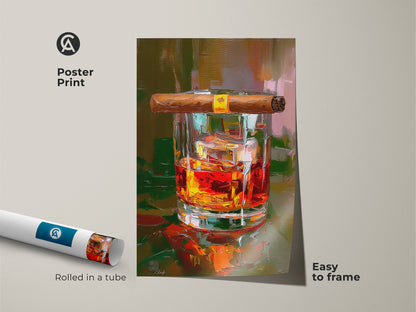 A poster print showcases amber orange whiskey and cigar artwork. The liquor and cigar wall decor is easy to frame. Rolled in a tube it's ready for modern bar area artwork. This alcohol beverage art is perfect for food and drink wall art. This piece makes a thoughtful gift for any whiskey lover.