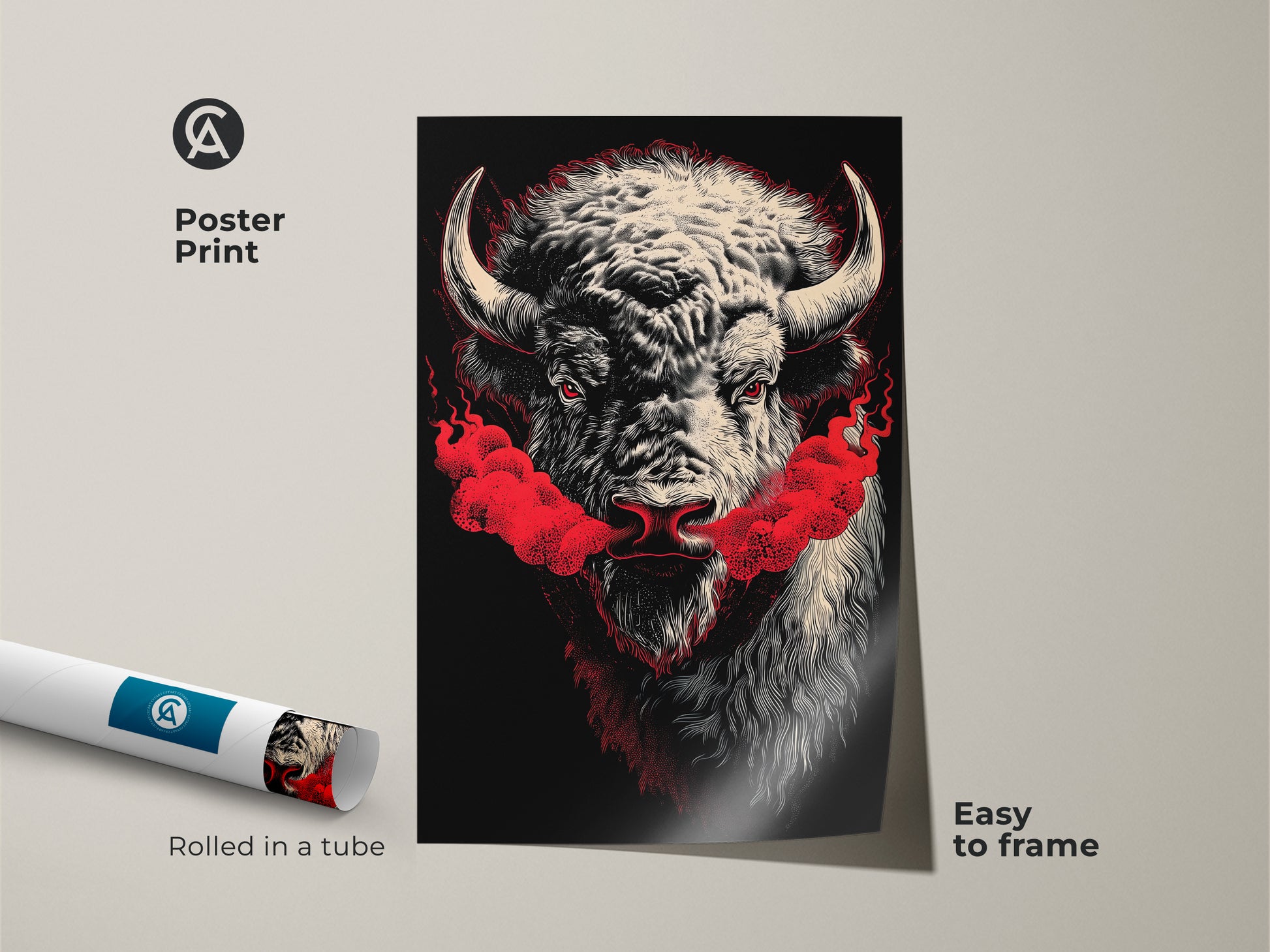 Poster print of a buffalo head. Red smoke comes from the buffalo's nose. The poster is rolled in a tube and is easy to frame. Purchase this unique buffalo artwork for your home. The poster is easy to frame and display.