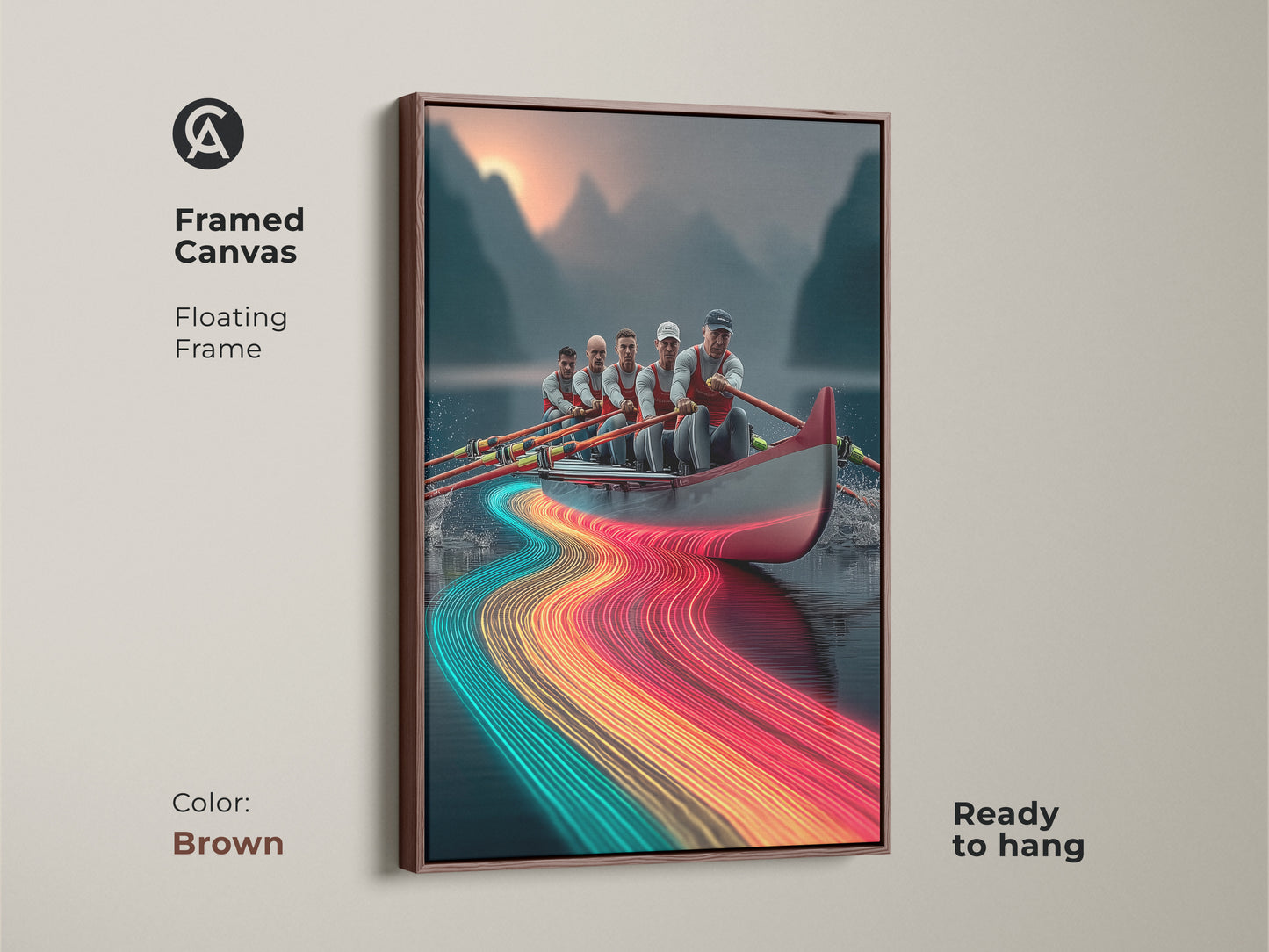 A framed canvas shows rowing team art. This contemporary sports decor is ready to hang. This is a great gift for cyclists. The abstract motion art is displayed in a brown floating frame. Consider this water sport canvas.