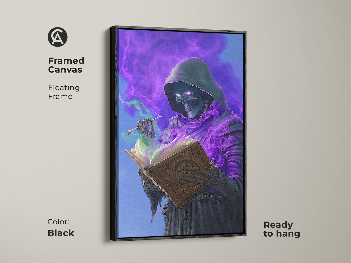 Framed canvas art of a skeleton wizard reading a spellbook. This dark fantasy art features a gothic wizard surrounded by purple magic. A black floating frame enhances this piece. Perfect for a fantasy lover's home.