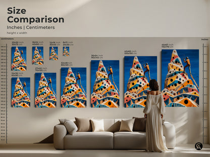 Size comparison of the surreal geometric mountain canvas art in inches and centimeters. See how 20x30 to 45x67 inch prints fit above a sofa. Eclectic cobalt blue yellow orange artwork for modern homes.