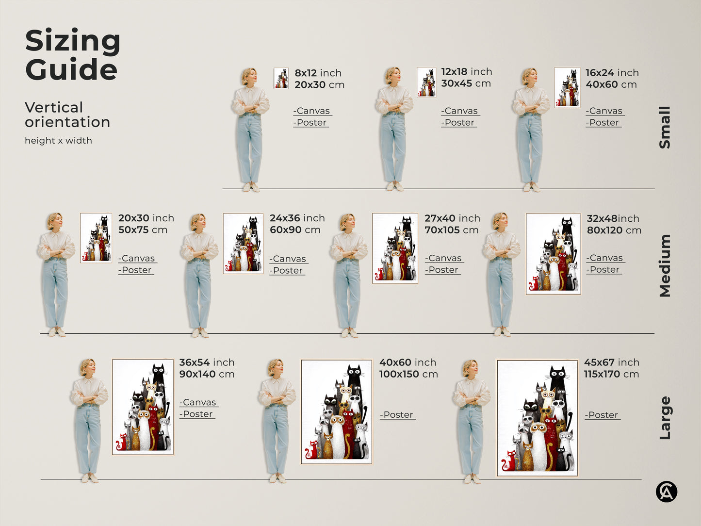 Sizing guide for vertical eclectic cat artwork available in canvas and poster options. Find the perfect fit for your space from small to large sizes. Black white and red animal art adds a unique touch to any home decor a great gift for cat lovers.