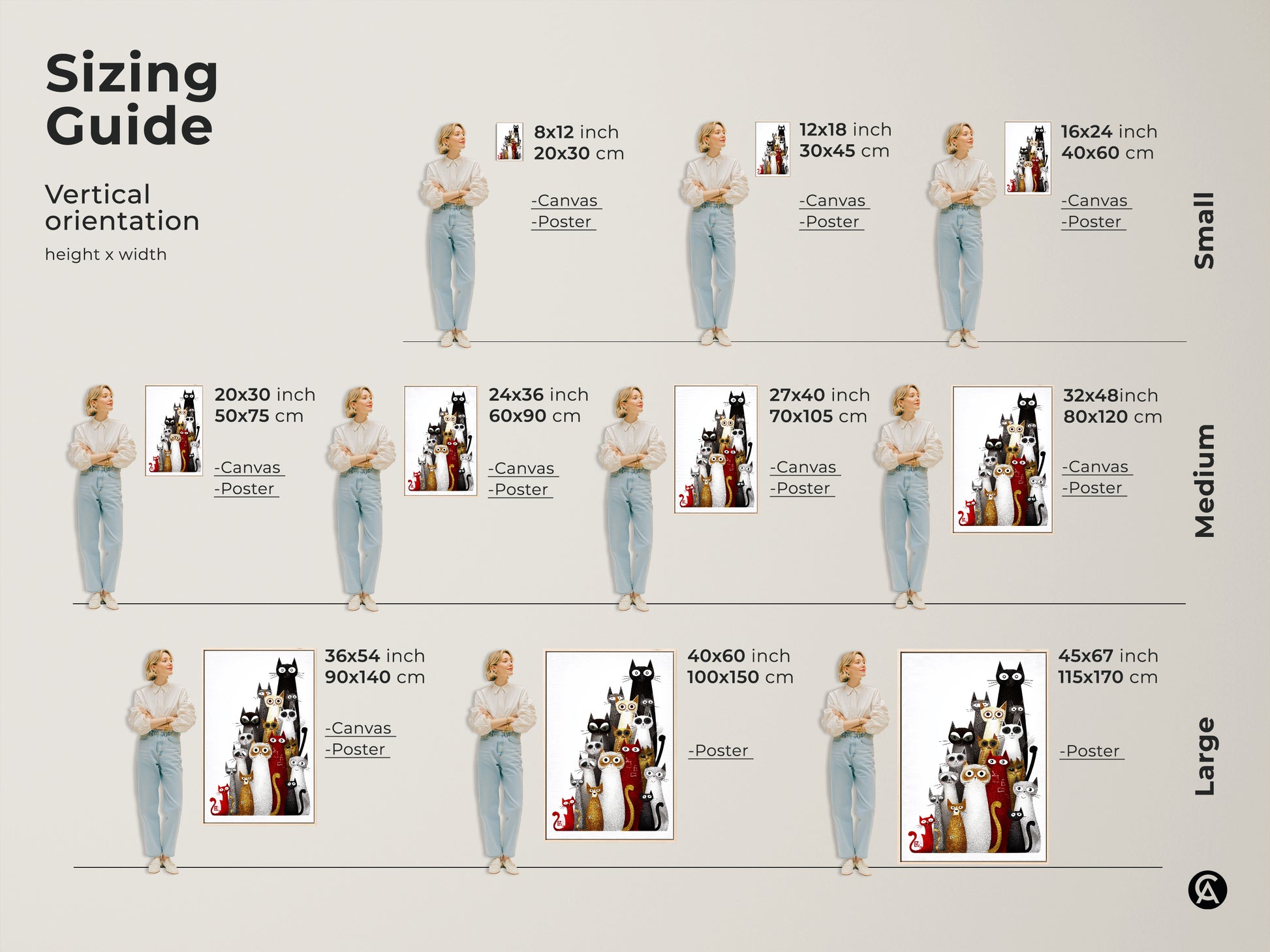Sizing guide for vertical eclectic cat artwork available in canvas and poster options. Find the perfect fit for your space from small to large sizes. Black white and red animal art adds a unique touch to any home decor a great gift for cat lovers.