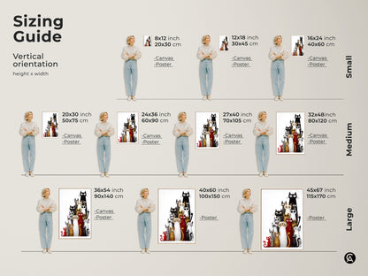 Sizing guide for vertical eclectic cat artwork available in canvas and poster options. Find the perfect fit for your space from small to large sizes. Black white and red animal art adds a unique touch to any home decor a great gift for cat lovers.