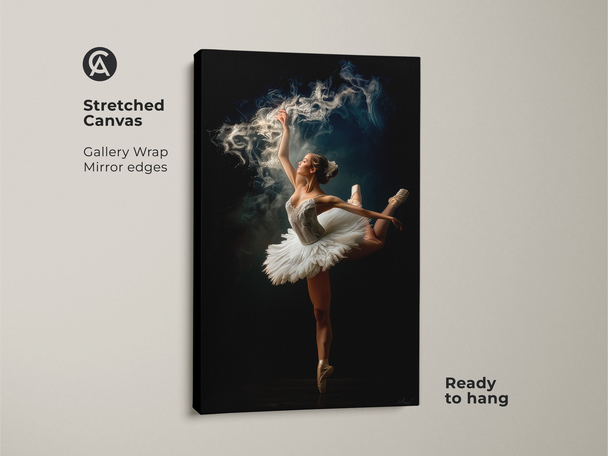 Stretched canvas art of a ballerina. Gallery wrapped with mirrored edges. Ready to hang this canvas artwork features a dancer in a graceful pose with a magical smoke effect. Perfect for adding a touch of art to your home.