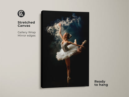 Stretched canvas art of a ballerina. Gallery wrapped with mirrored edges. Ready to hang this canvas artwork features a dancer in a graceful pose with a magical smoke effect. Perfect for adding a touch of art to your home.