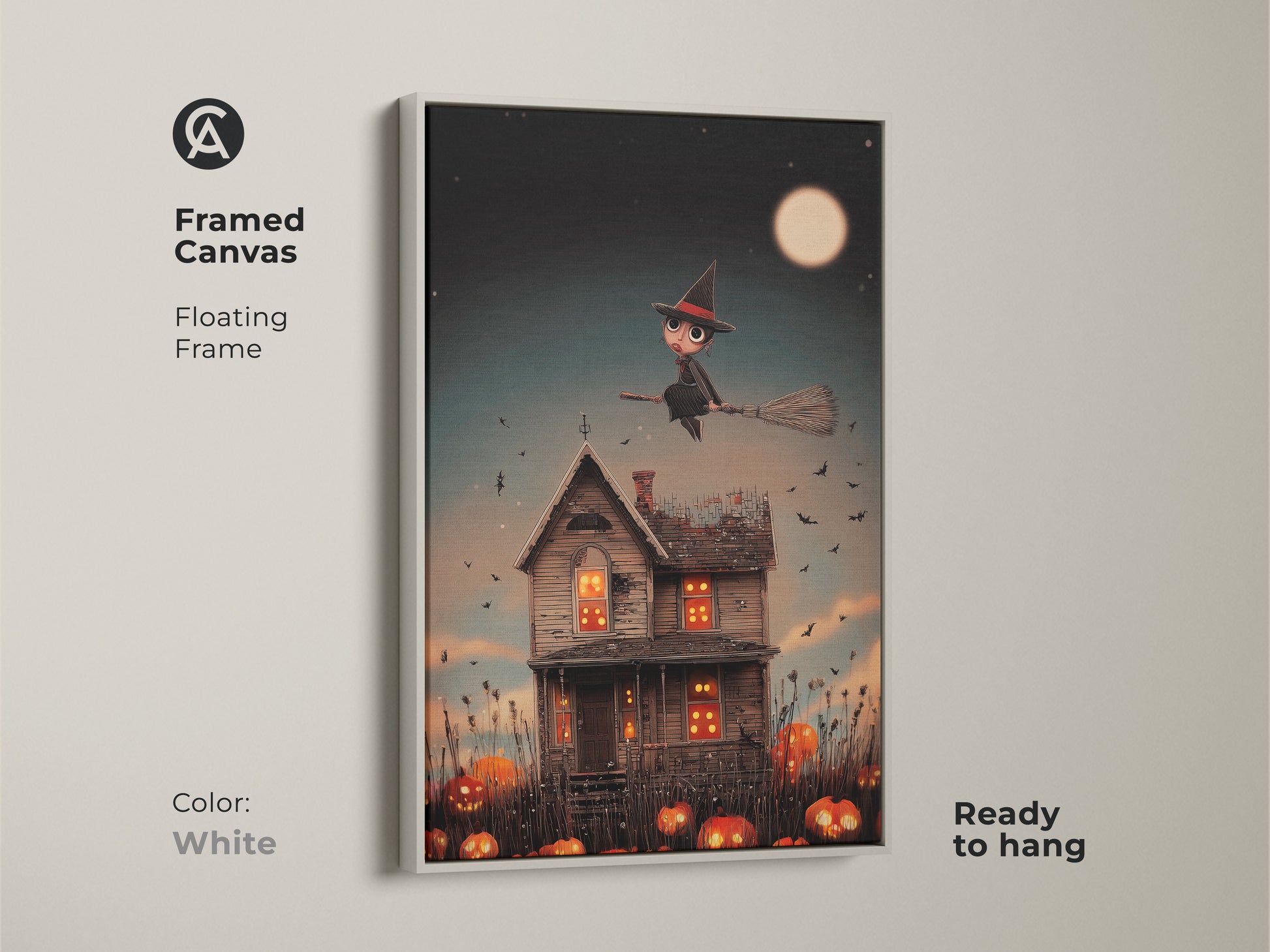 Framed canvas in white shows a Halloween scene. The artwork depicts a cute witch flying over a haunted house with pumpkins. This ready-to-hang fantasy piece adds spooky charm. Perfect for kids' rooms and seasonal decor this white framed canvas completes the look.
