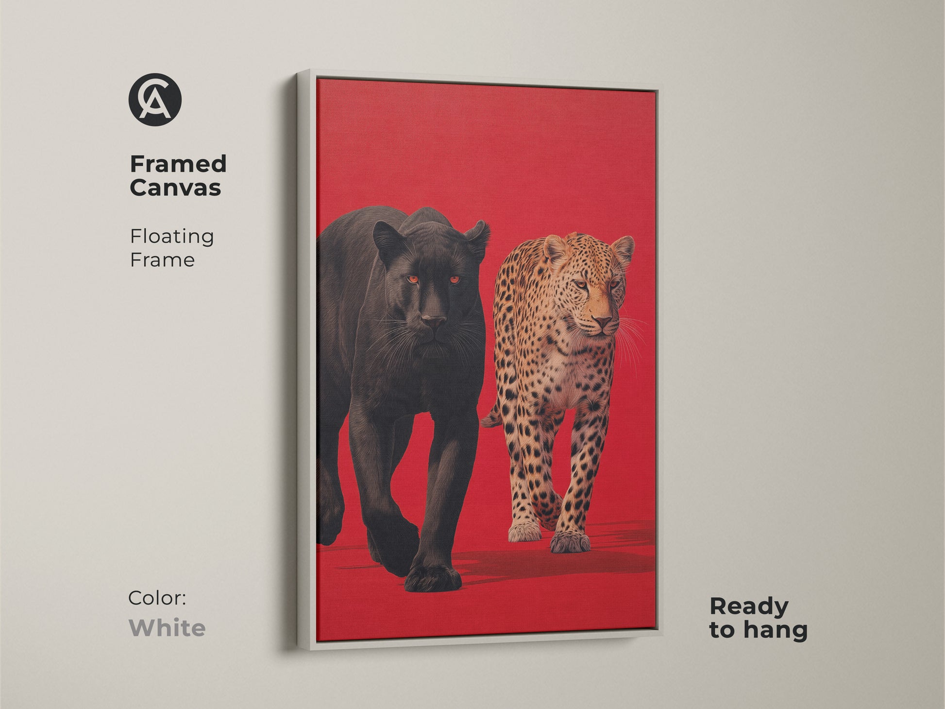 Framed canvas art showcasing a black panther and leopard with a white floating frame. This modern animal art print is ready to hang. Transform your home with our exclusive canvas artwork. Explore our framed art collection now