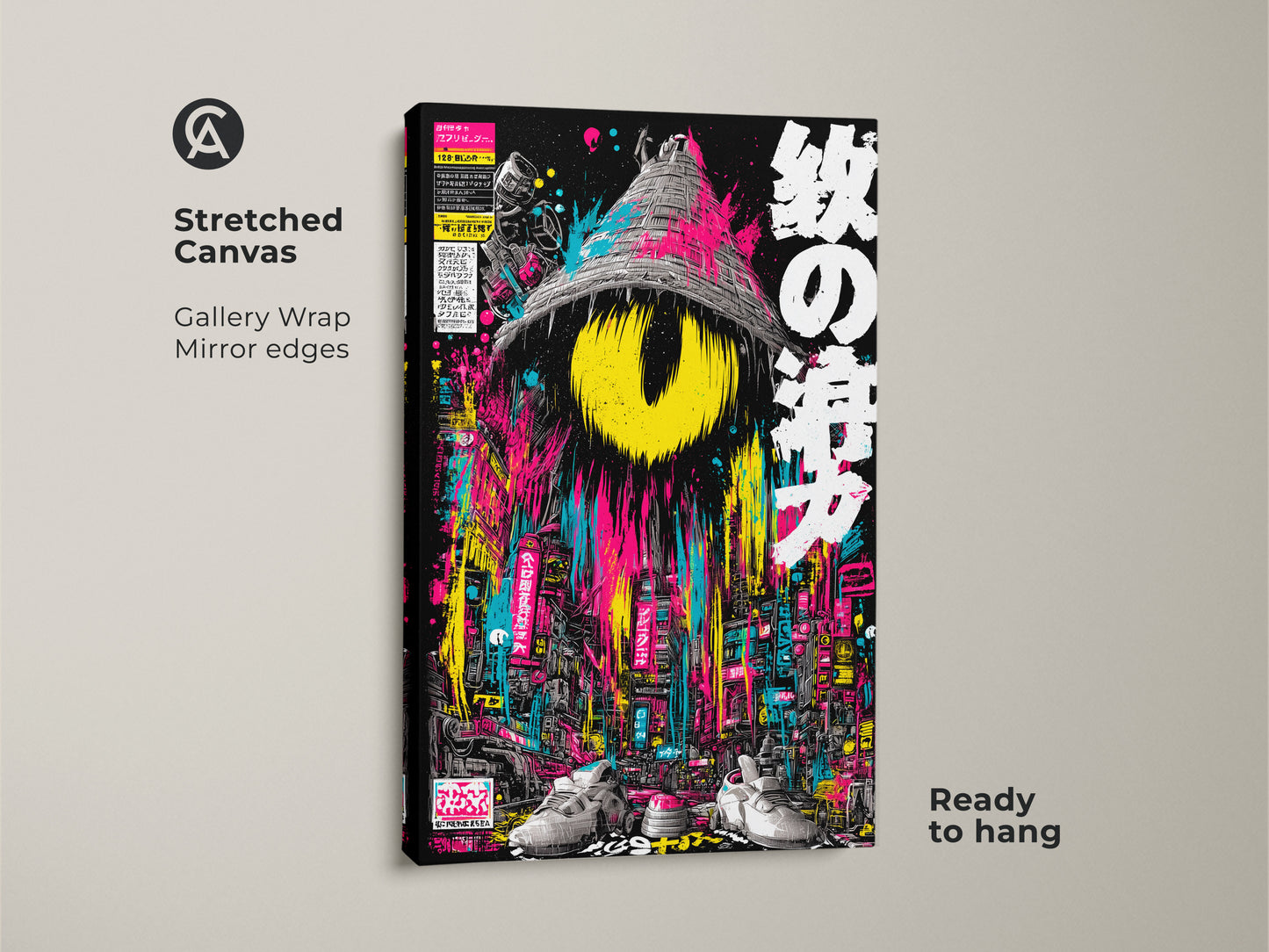 Stretched canvas artwork with a gallery wrap. The mirror edges enhance the surreal cityscape art. A central eye motif and Japanese text create a unique look. The neon colors add vibrancy to this ready-to-hang canvas. Perfect for adding a modern and bold touch to your decor.