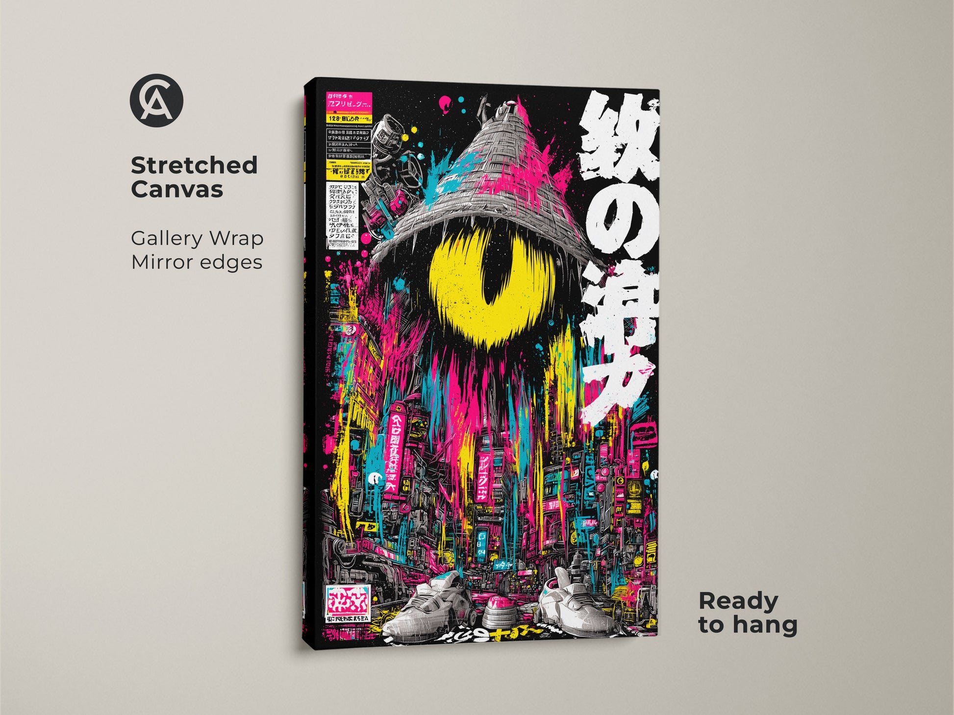 Stretched canvas artwork with a gallery wrap. The mirror edges enhance the surreal cityscape art. A central eye motif and Japanese text create a unique look. The neon colors add vibrancy to this ready-to-hang canvas. Perfect for adding a modern and bold touch to your decor.