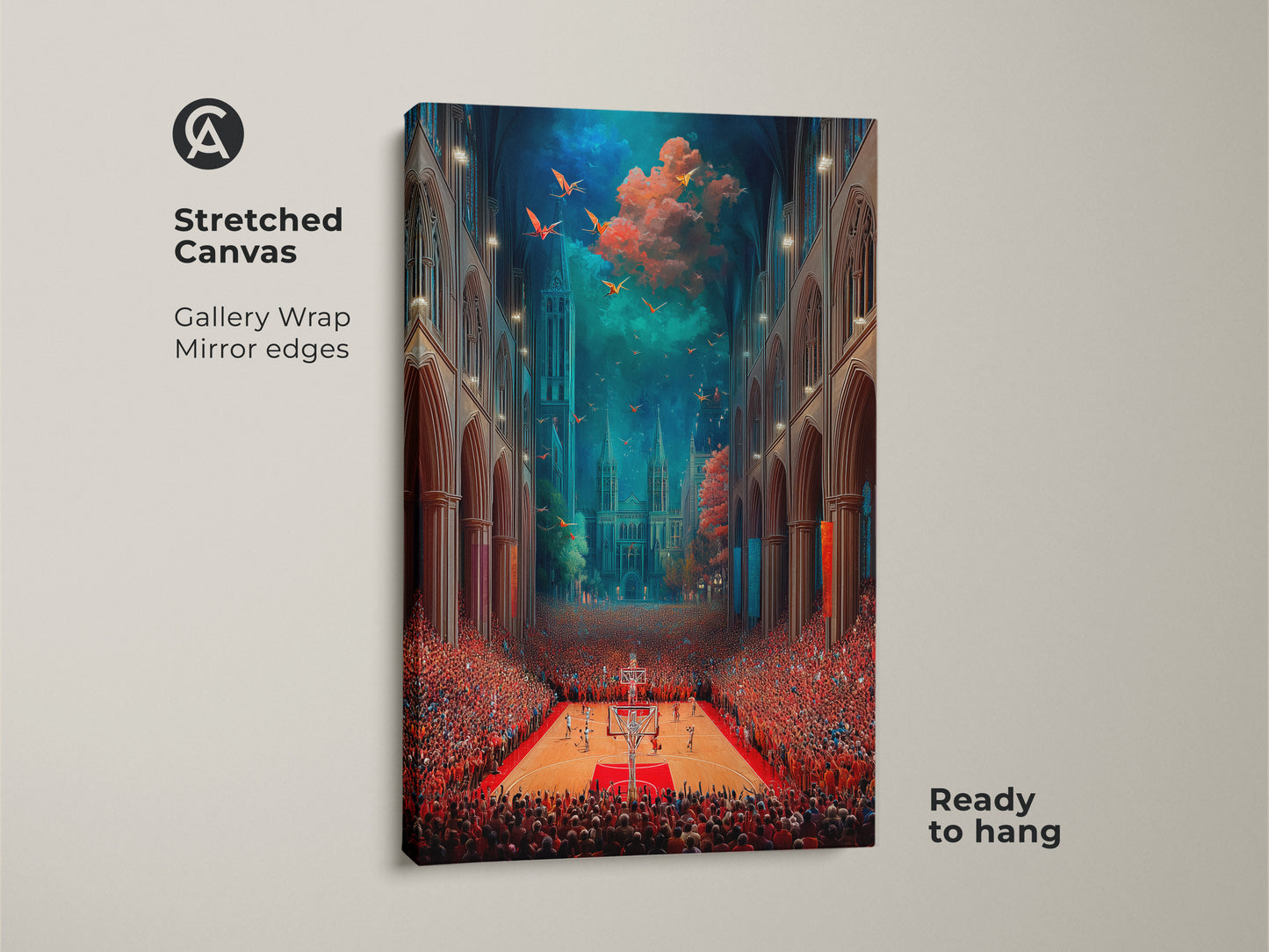 Stretched canvas of a surreal basketball cathedral art piece. It features gothic architecture blending with a sports theme. The artwork adds eclectic flair to office spaces and man caves. This unique canvas print is ready to hang.