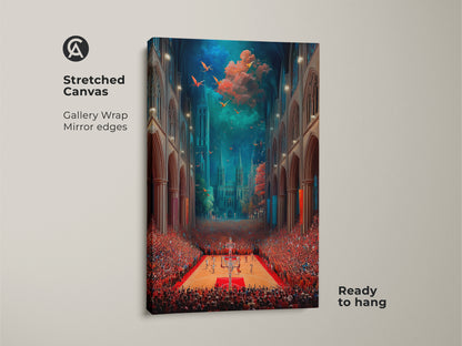 Stretched canvas of a surreal basketball cathedral art piece. It features gothic architecture blending with a sports theme. The artwork adds eclectic flair to office spaces and man caves. This unique canvas print is ready to hang.