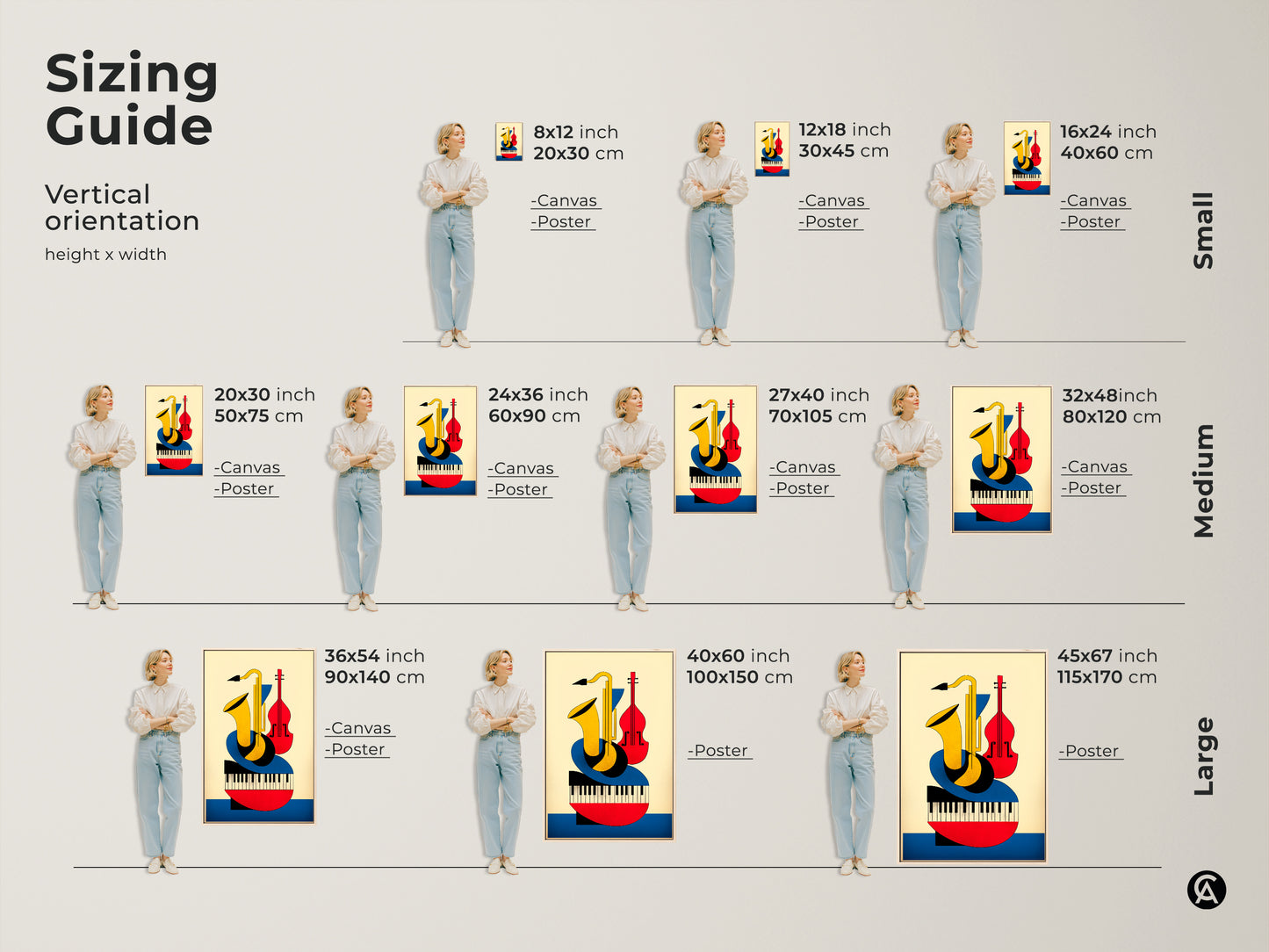 Sizing guide for Bauhaus style music art print with vertical orientation. Visualize canvas and poster options at sizes from small to large. See how the geometric saxophone violin and piano artwork fits various wall spaces.