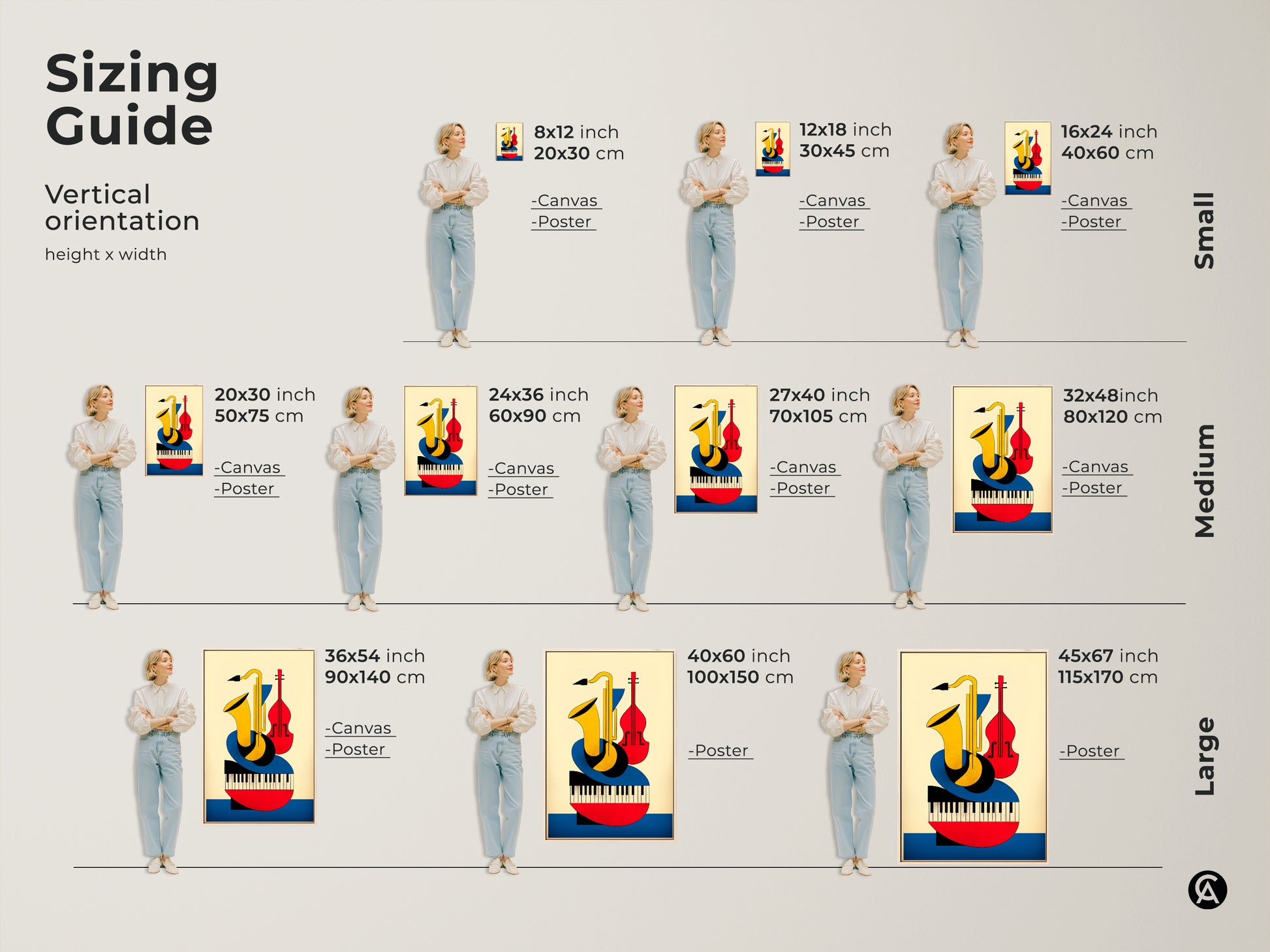 Sizing guide for Bauhaus style music art print with vertical orientation. Visualize canvas and poster options at sizes from small to large. See how the geometric saxophone violin and piano artwork fits various wall spaces.