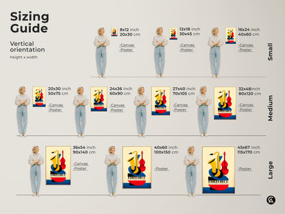 Sizing guide for Bauhaus style music art print with vertical orientation. Visualize canvas and poster options at sizes from small to large. See how the geometric saxophone violin and piano artwork fits various wall spaces.