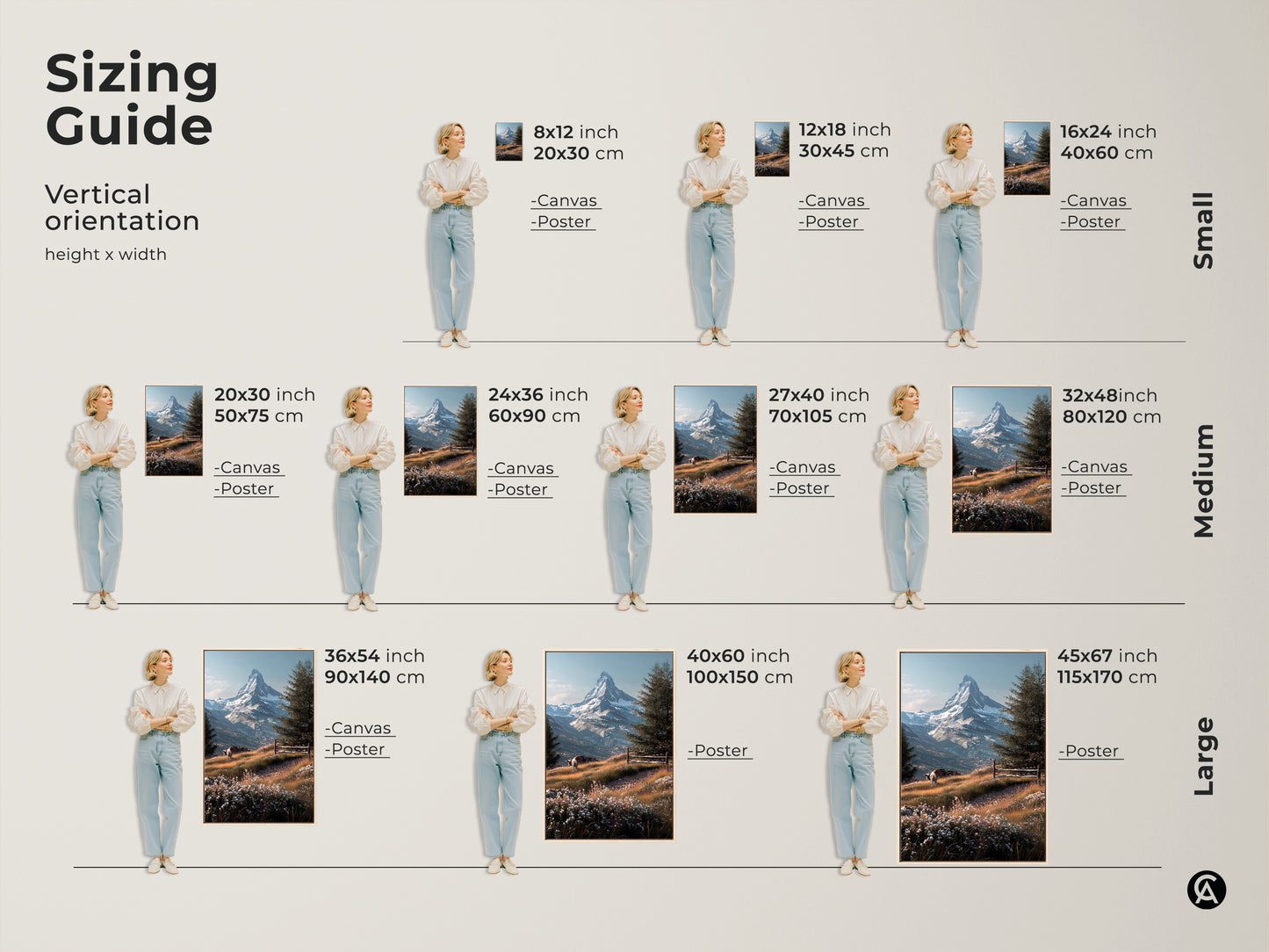 Sizing guide for vertical Matterhorn mountain landscape art. Artwork sizes range from small to large. See canvas and poster options in inches and centimeters. Find the perfect fit for your space with this mountain art.