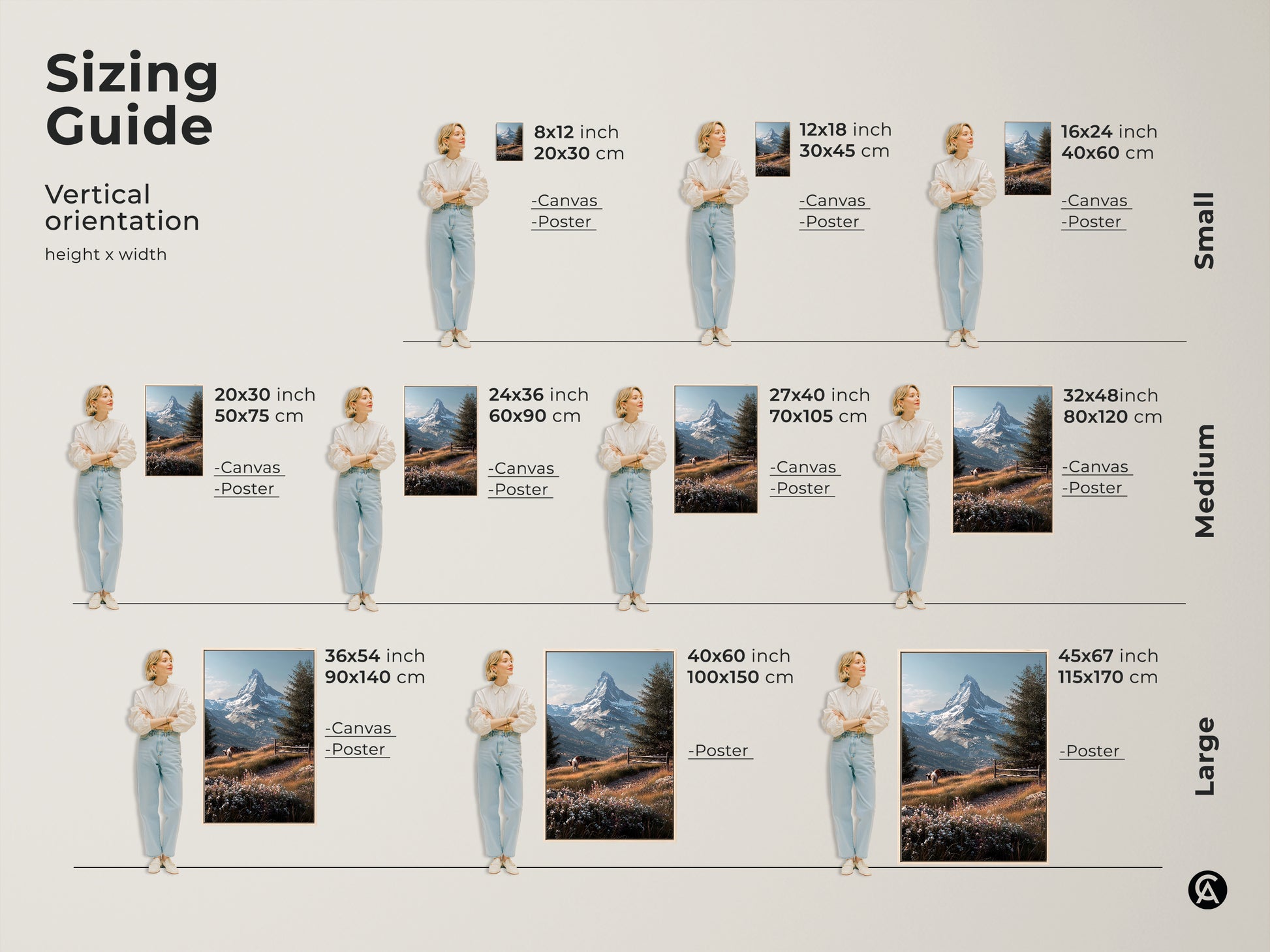 Sizing guide for vertical Matterhorn mountain landscape art. Artwork sizes range from small to large. See canvas and poster options in inches and centimeters. Find the perfect fit for your space with this mountain art.