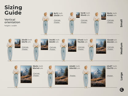Sizing guide for vertical Matterhorn mountain landscape art. Artwork sizes range from small to large. See canvas and poster options in inches and centimeters. Find the perfect fit for your space with this mountain art.