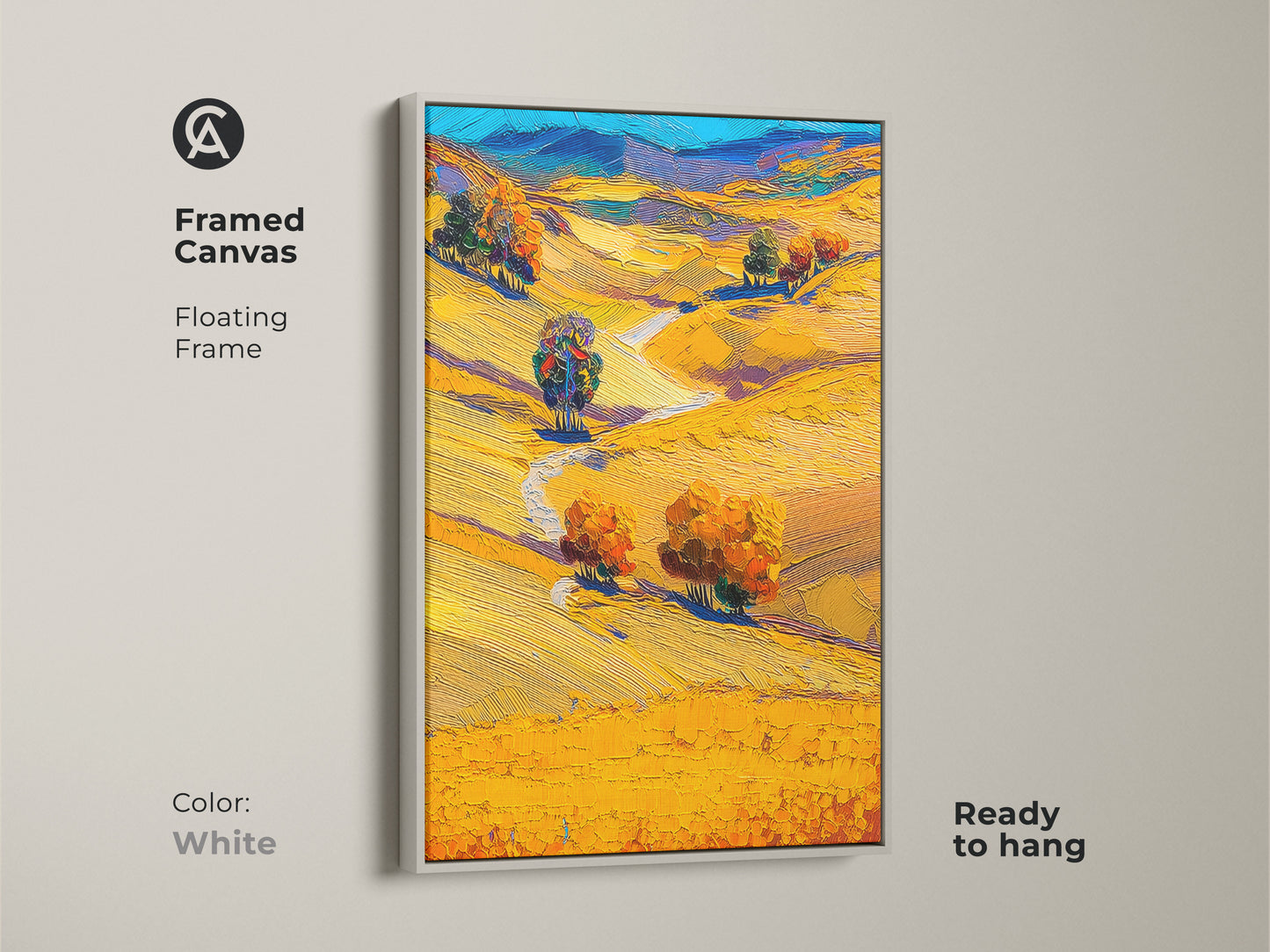 Framed Canvas with white floating frame features autumn nature artwork. The golden yellow landscape and impressionistic trees art print create a scenic effect. Contemporary landscape canvas is ideal as bedroom wall art in golden hues or living room art. Ready to hang to offer a touch of peaceful nature print.