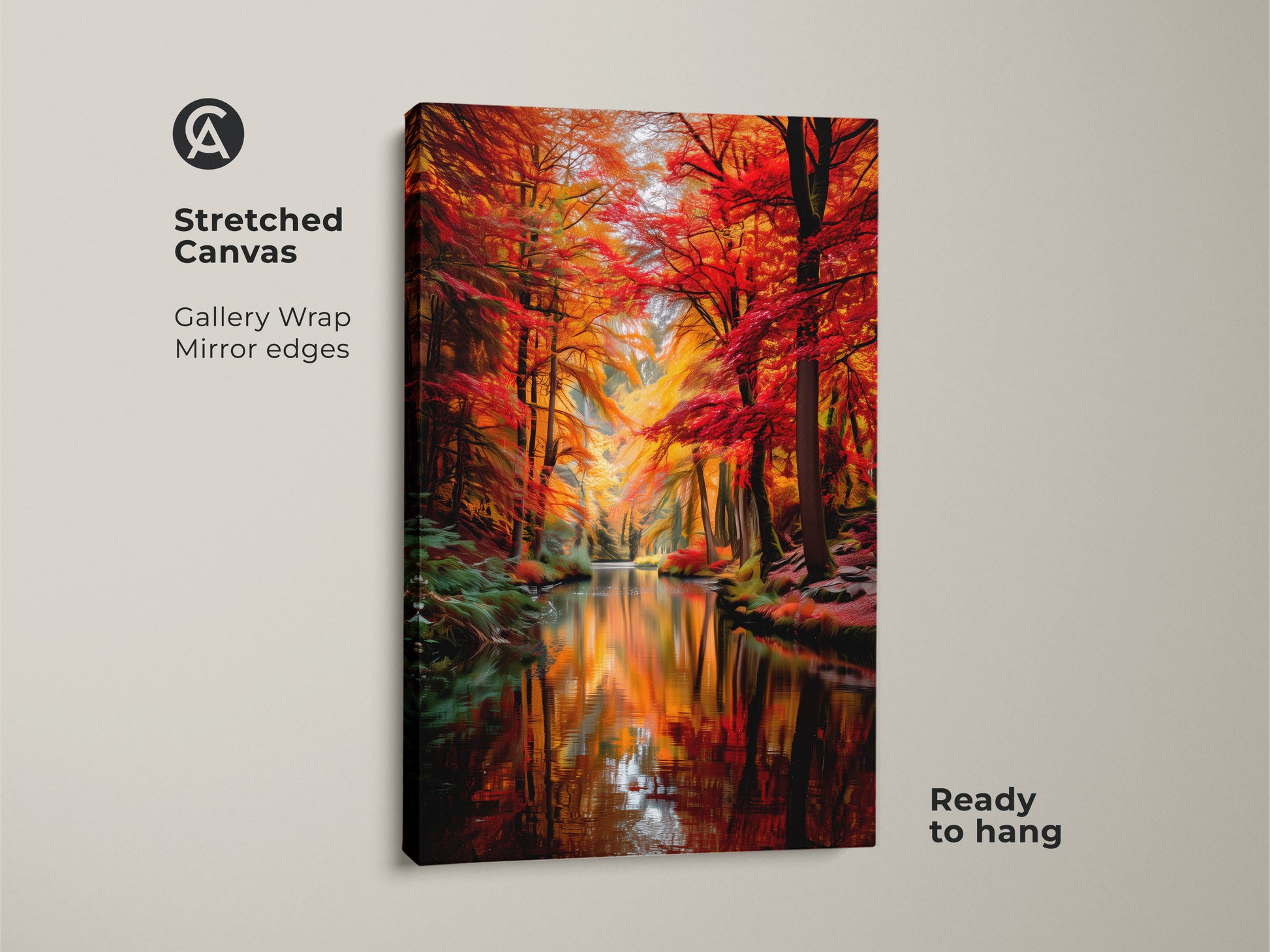 This stretched canvas showcases a vibrant autumn forest. The river landscape print bursts with fall colors. Gallery-wrapped with mirror edges this nature scenery artwork is ready to hang. Its red orange and yellow art brings warmth to any space. This canvas is a perfect autumn housewarming gift.