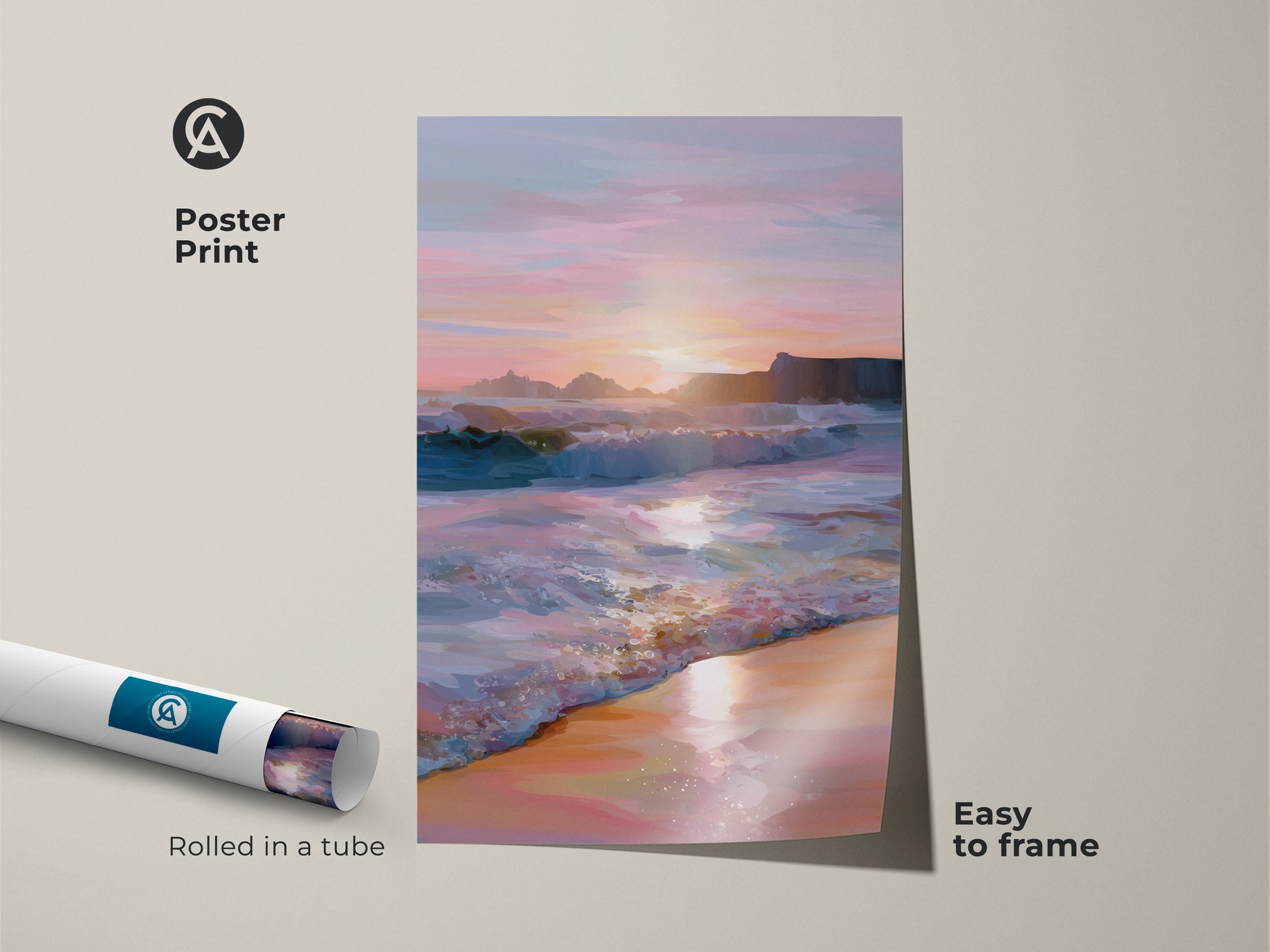 This poster print captures the essence of a serene beach sunset. The artwork features crashing ocean waves in a calming palette of teal pink and orange. Easy to frame coastal art. Perfect housewarming wall decor for beach lovers.