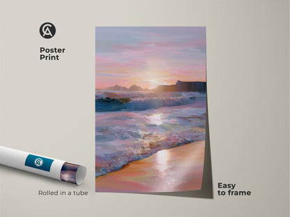 This poster print captures the essence of a serene beach sunset. The artwork features crashing ocean waves in a calming palette of teal pink and orange. Easy to frame coastal art. Perfect housewarming wall decor for beach lovers.