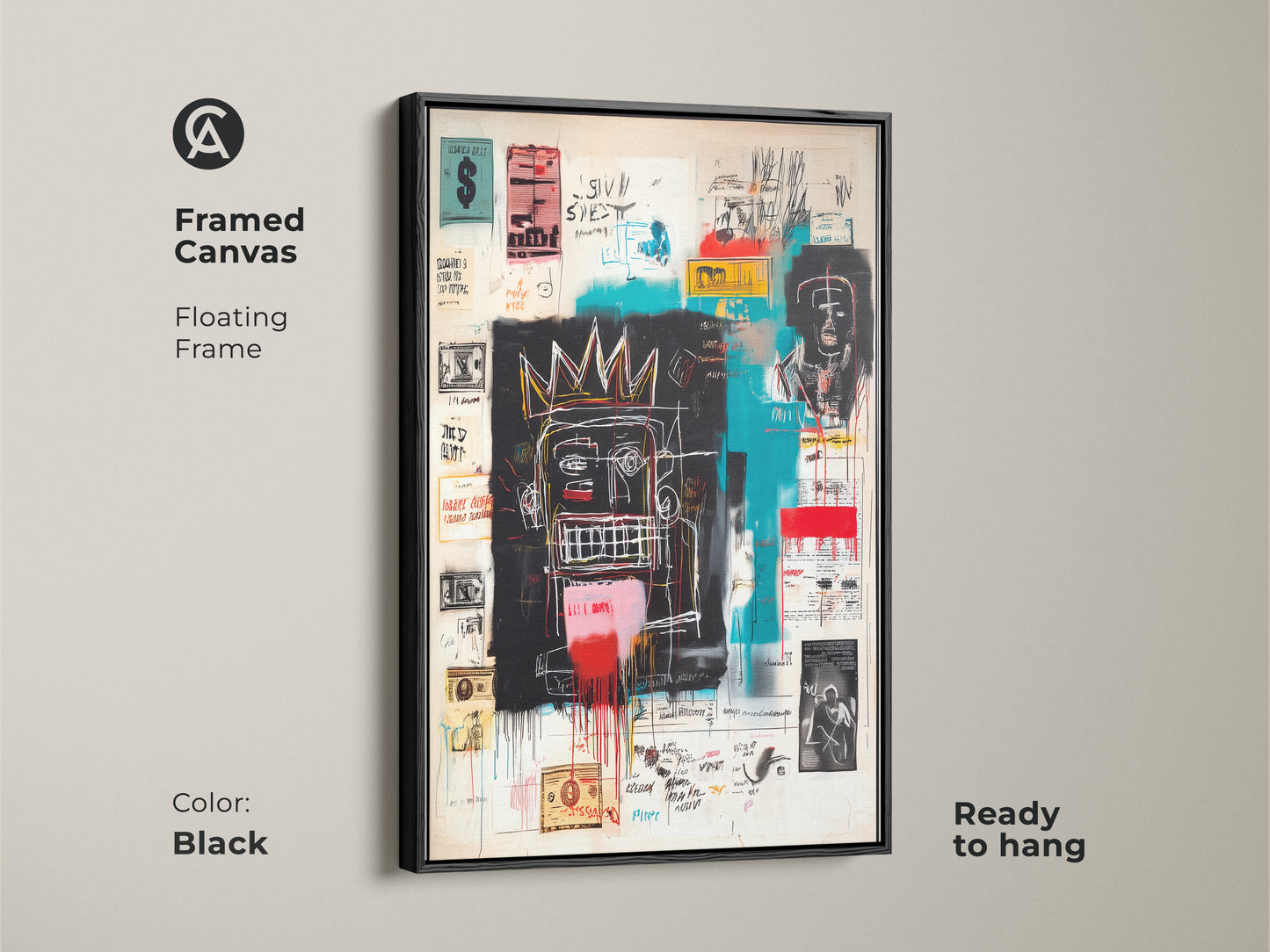 Basquiat style artwork on a framed canvas with a black floating frame. The art is ready to hang. The black frame enhances the modern aesthetic. The painting has expressive imagery. Elevate your interior with this framed art piece.