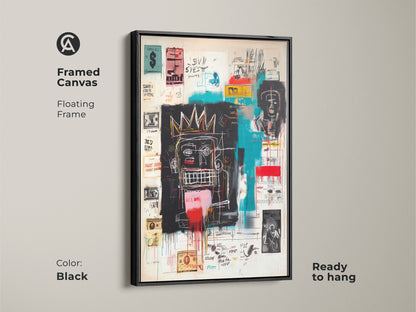 Basquiat style artwork on a framed canvas with a black floating frame. The art is ready to hang. The black frame enhances the modern aesthetic. The painting has expressive imagery. Elevate your interior with this framed art piece.