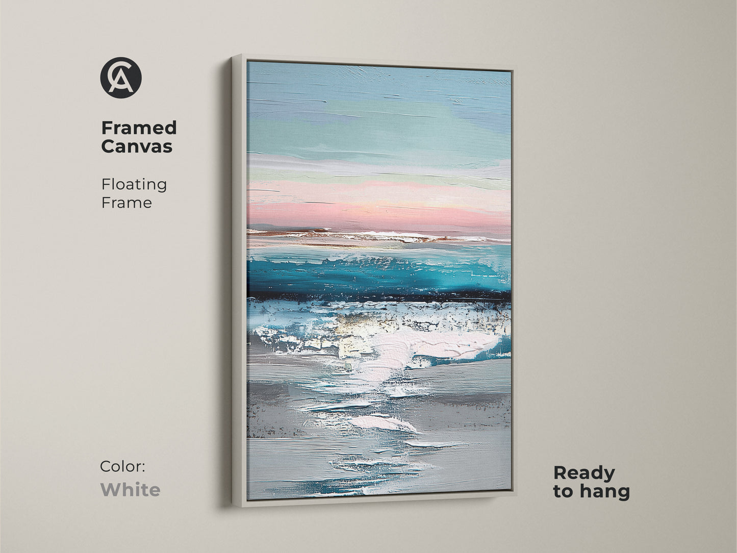 Framed canvas with white floating frame featuring abstract coastal art. This ready-to-hang teal blue and pink artwork brings a serene vibe. The textured ocean sky print adds a modern touch. Great for adding minimalist abstract art to any home.